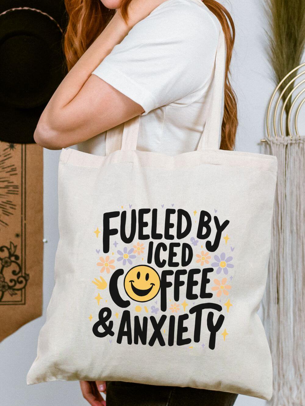 Iced_Coffee_Anxiety_Tote Fueled by Iced Coffee & Anxiety Cotton Canvas Tote Bag - Image 1