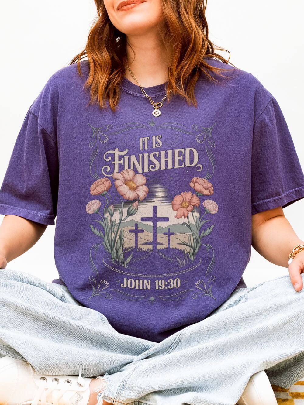 It_is_Finished_Grape It Is Finished John 19:30 Christian Floral Cross T‑Shirt Unisex Distressed Tee - Image 1