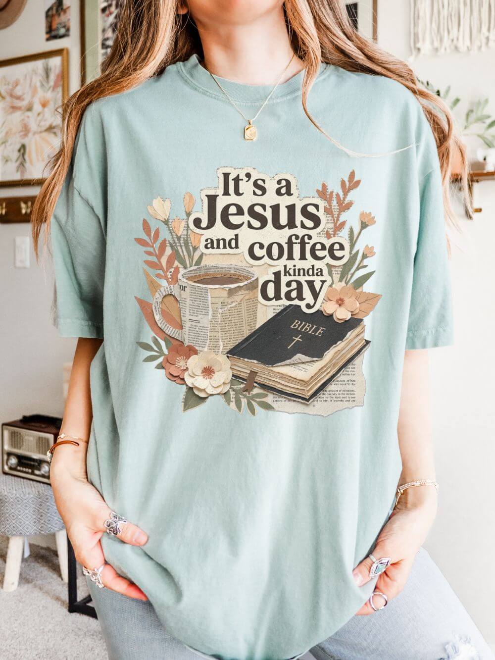 Jesus_Coffee_Bay Jesus & Coffee Day T-Shirt Faith, Bible & Cozy Coffee Graphic Tee - Image 1
