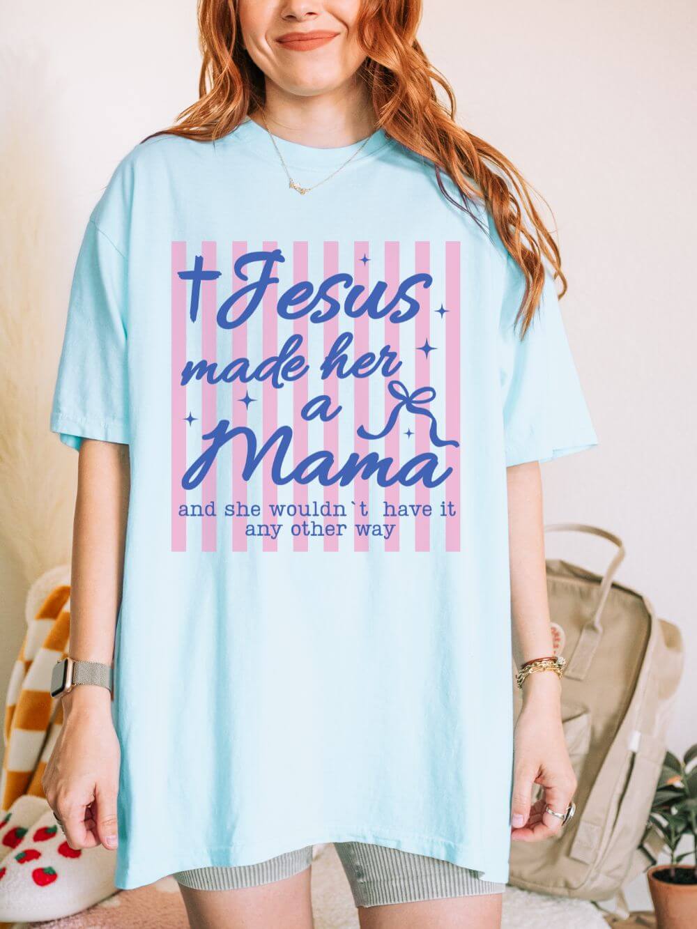 Jesus_Made_Mama_Chambray Jesus Made Her a Mama Christian Mom Graphic T-Shirt Mother's Day Tee - Image 1