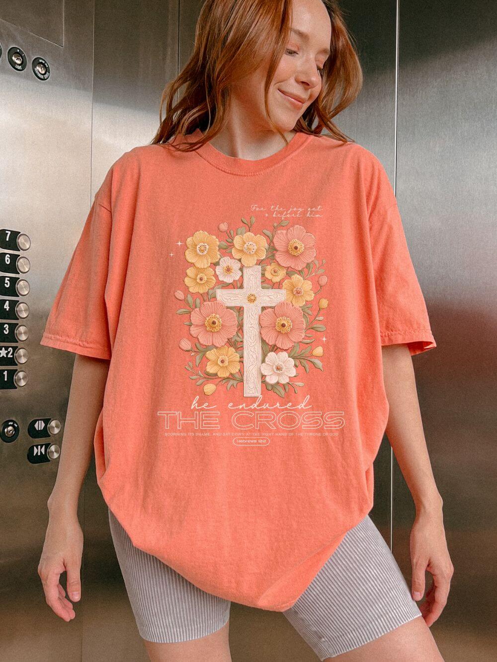 Joy_Set_Before_Him_Terracotta Joy Set Before Him Floral Cross T‑Shirt Christian Faith Graphic Tee - Image 1