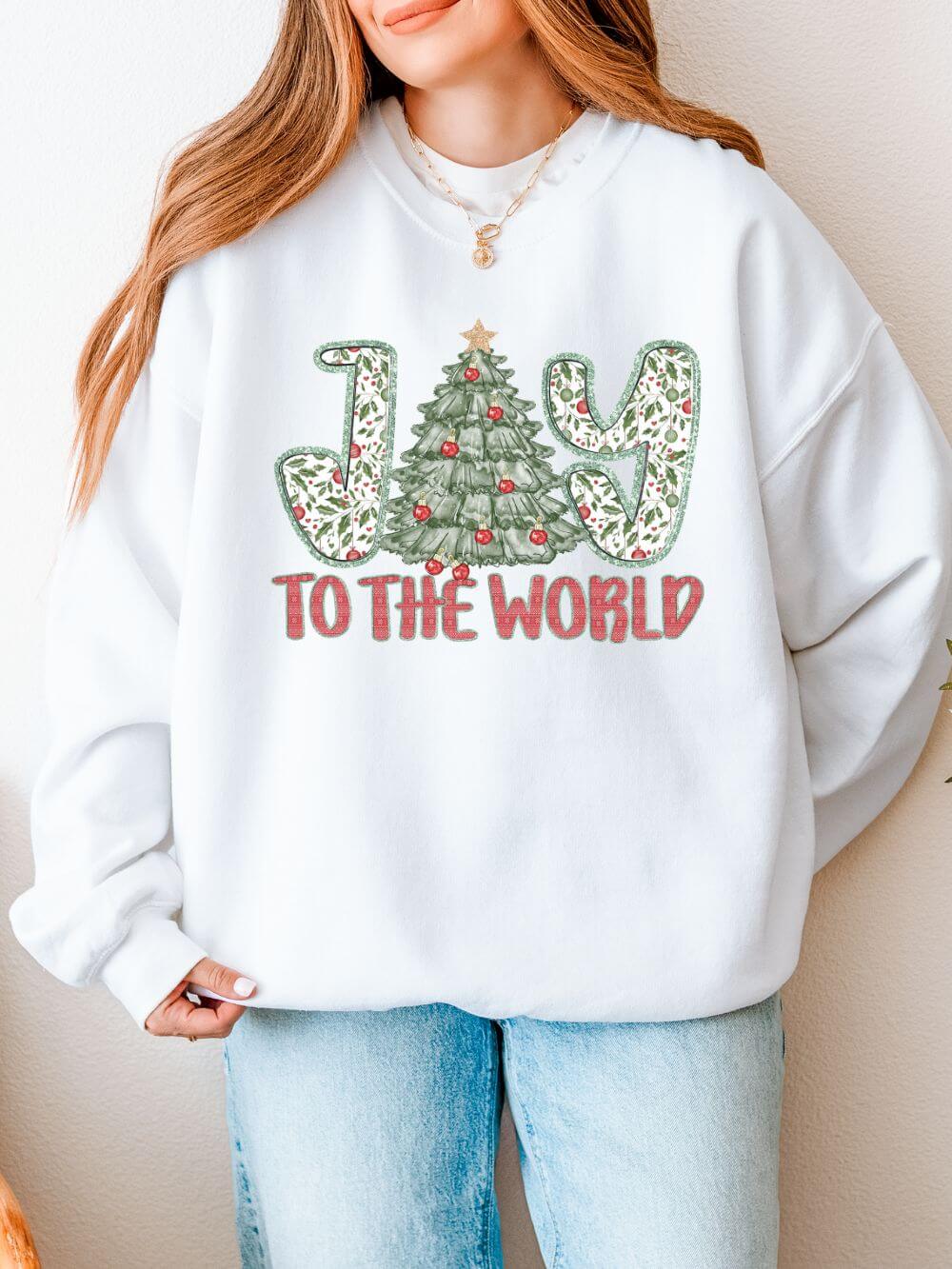 Joy_to_the_World_White Joy to the World Heavy Blend Unisex Crewneck Cozy Christmas Tree Sweatshirt - Image 1