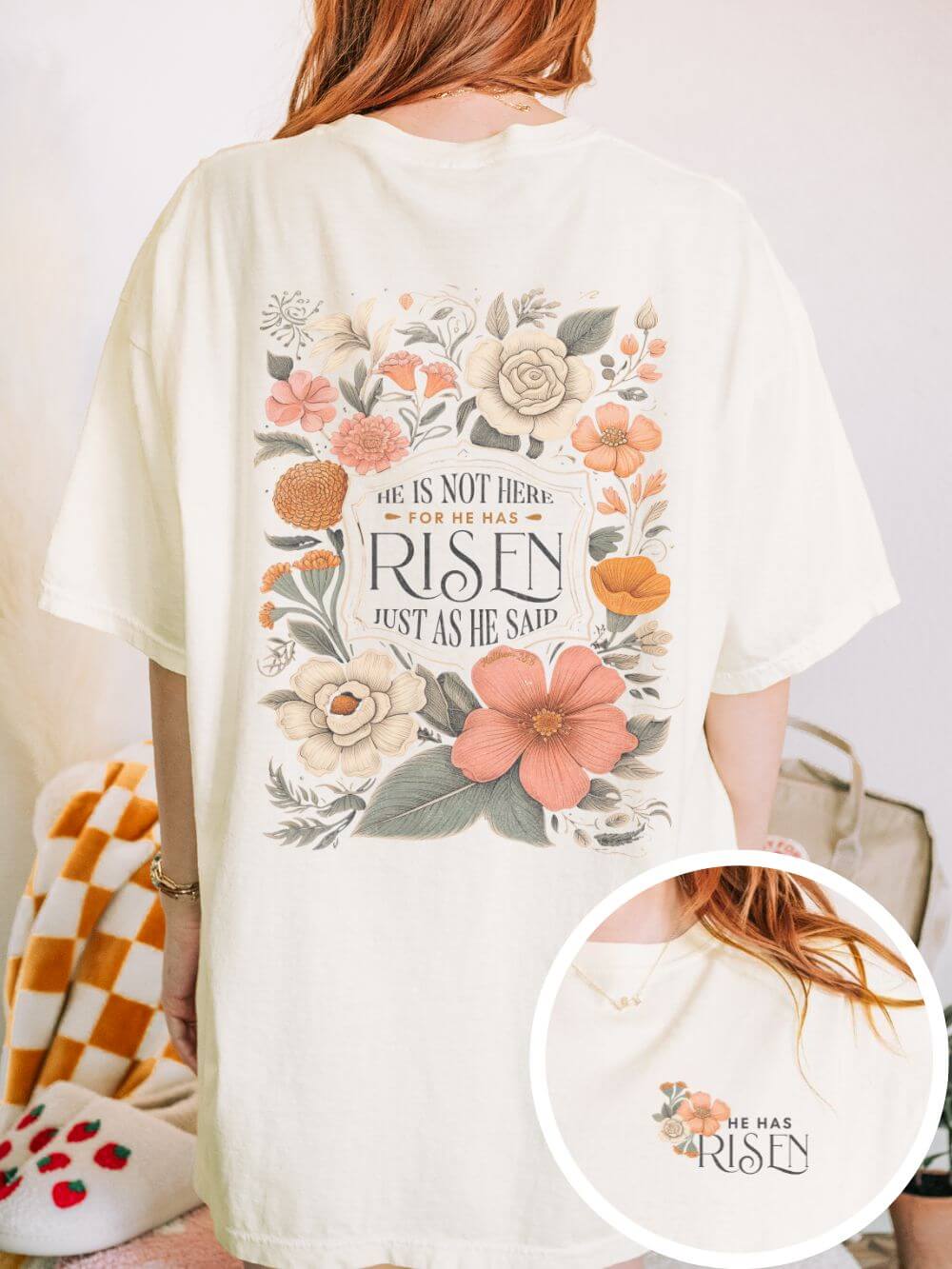 Just_as_He_Said_Both_Ivory He Is Not Here T-Shirt Christian Faith Graphic Unisex Distressed Floral Easter Tee - Image 1