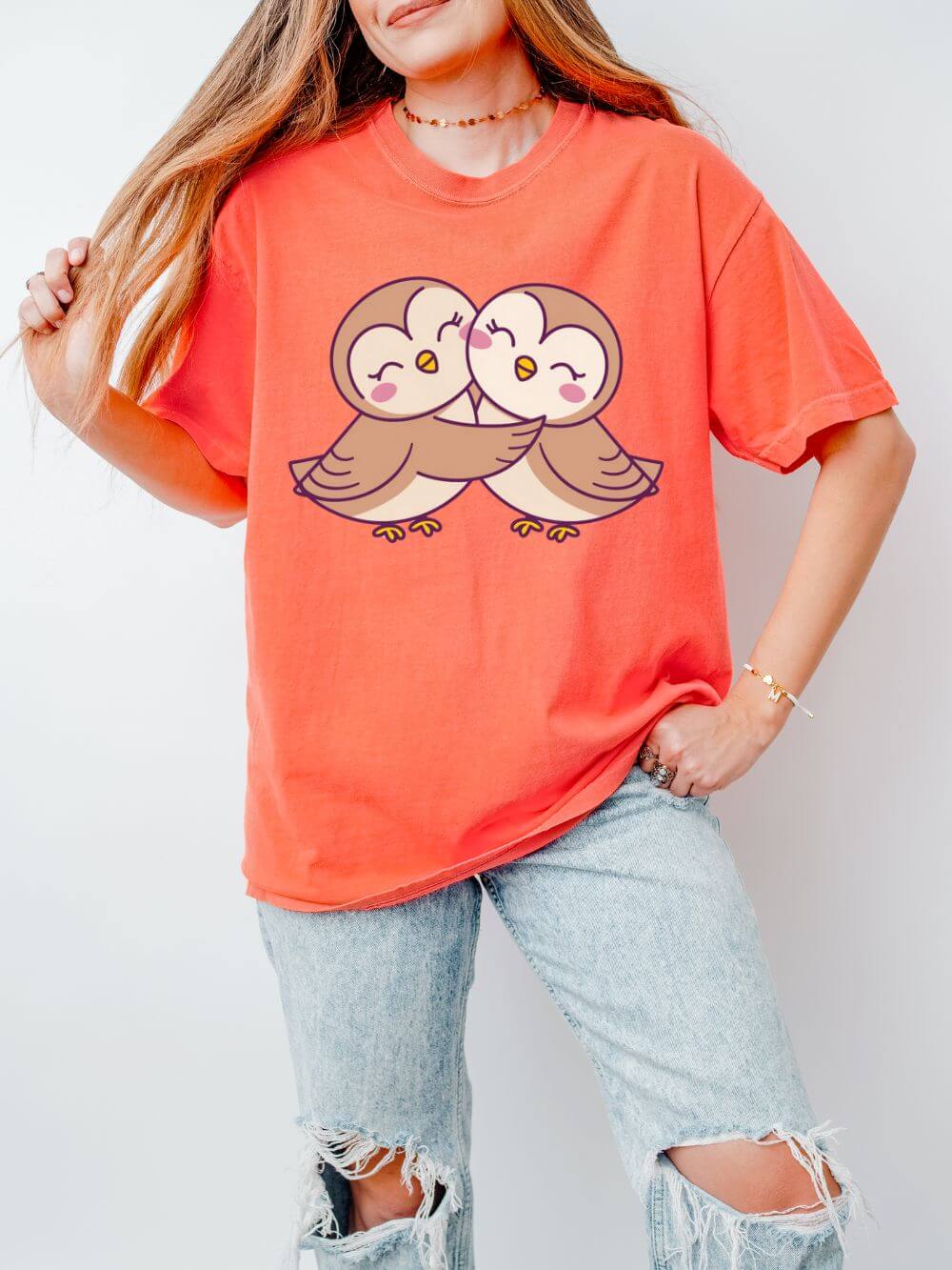 Kissing_Owls_Bright_Salmon Cute Kissing Owls Graphic T-Shirt Unisex Short Sleeve Tee - Image 1