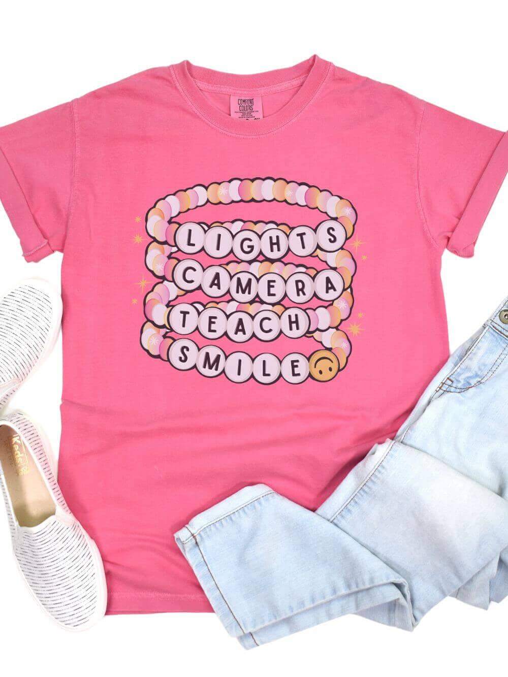 LightsCrunchberry Lights Camera Teach Smile Teacher Comfort Colors Graphic T-Shirt - Image 1