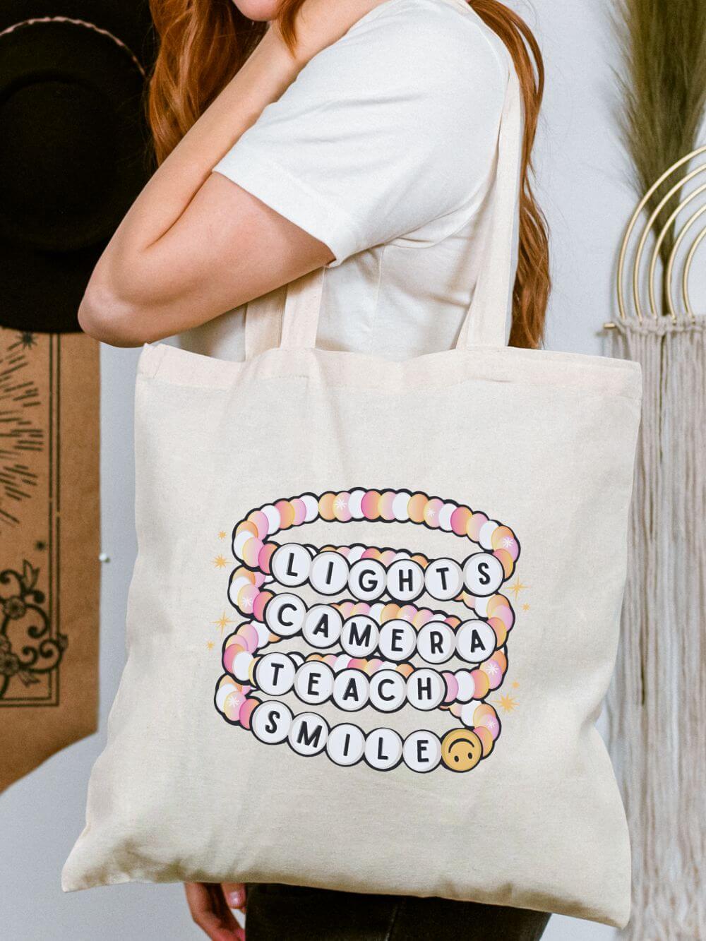 Lights_Camera_Teach_Tote Lights Camera Teach Smile Cute Teacher Cotton Canvas Tote Bag - Image 1