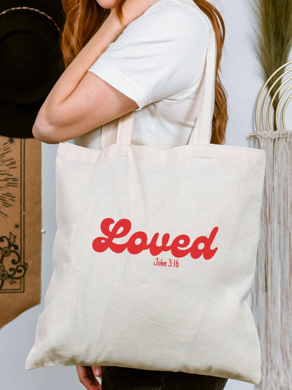Loved_John_3_16_Tote Loved Script John 3:16 Church Bible Christian Cotton Canvas Tote Bag - Image 1