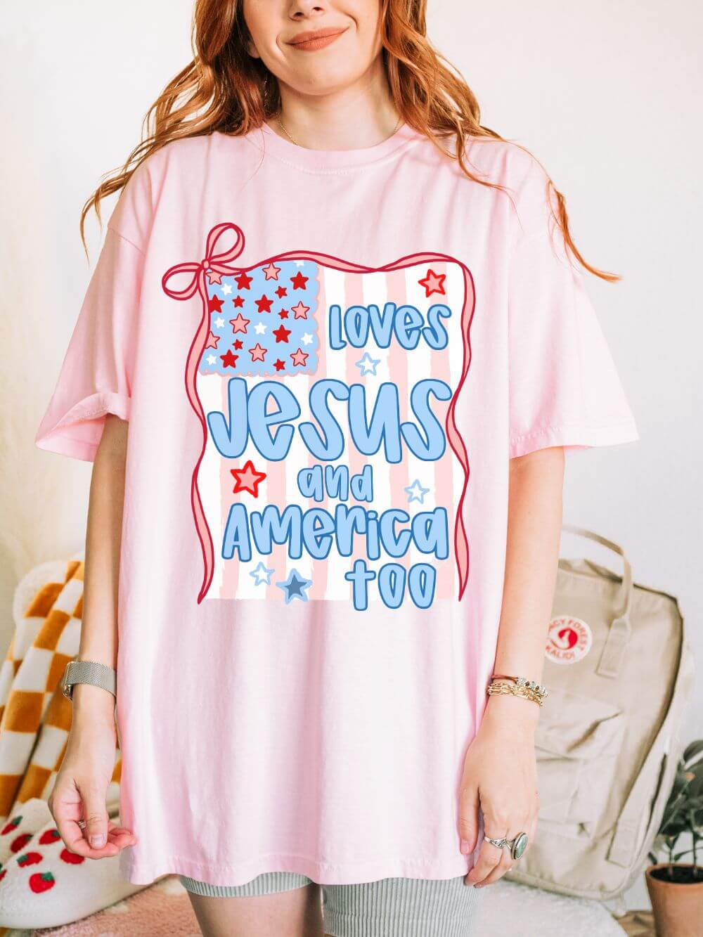 Loves_Jesus_America_Too_Blossom Loves Jesus and America Too T-Shirt Patriotic Christian Graphic Tee - Image 1