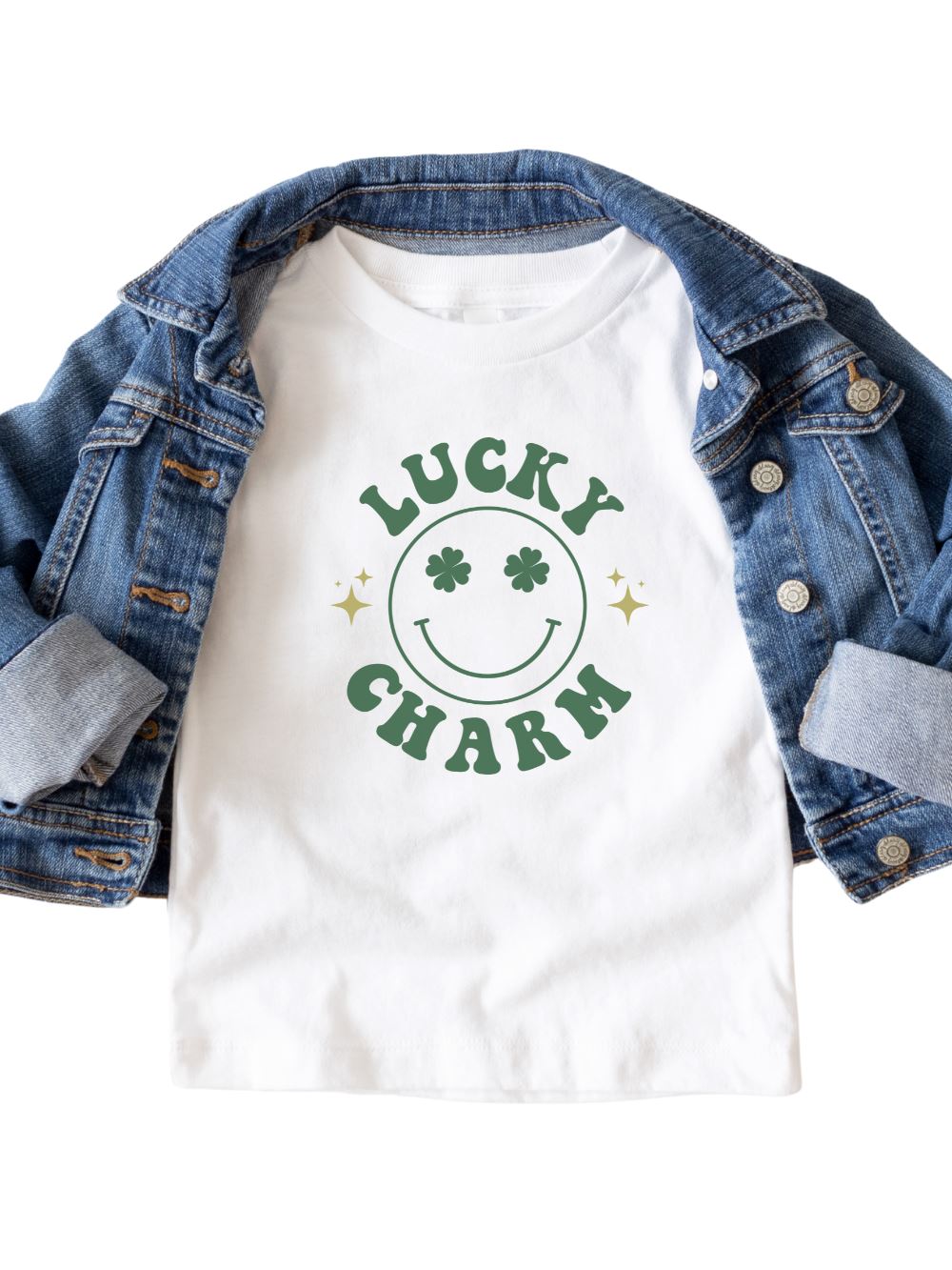 LuckyCharmYouthT-ShirtWhite_bb6e96c3-6102-46ac-9df0-f1cd86787e96 Lucky Charm Smile Face Toddler Girls or Boys Short Sleeve St. Patrick's Day Graphic T-Shirt - Image 1