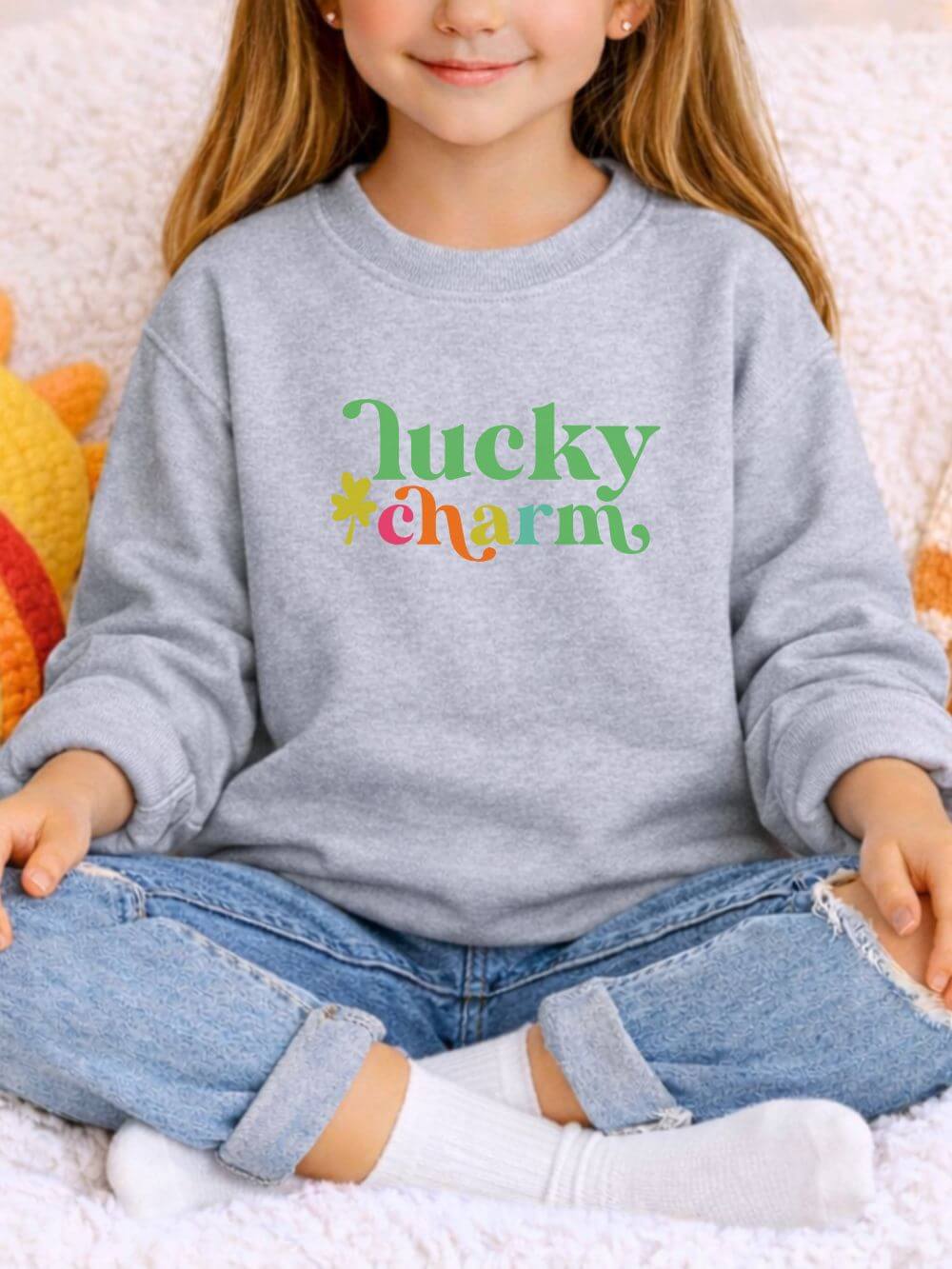 Lucky_Charm_Sweatshirt_Youth_Sport_Gray Lucky Charm Shamrock St. Patrick's Day Kids' Crewneck Graphic Sweatshirt - Image 1