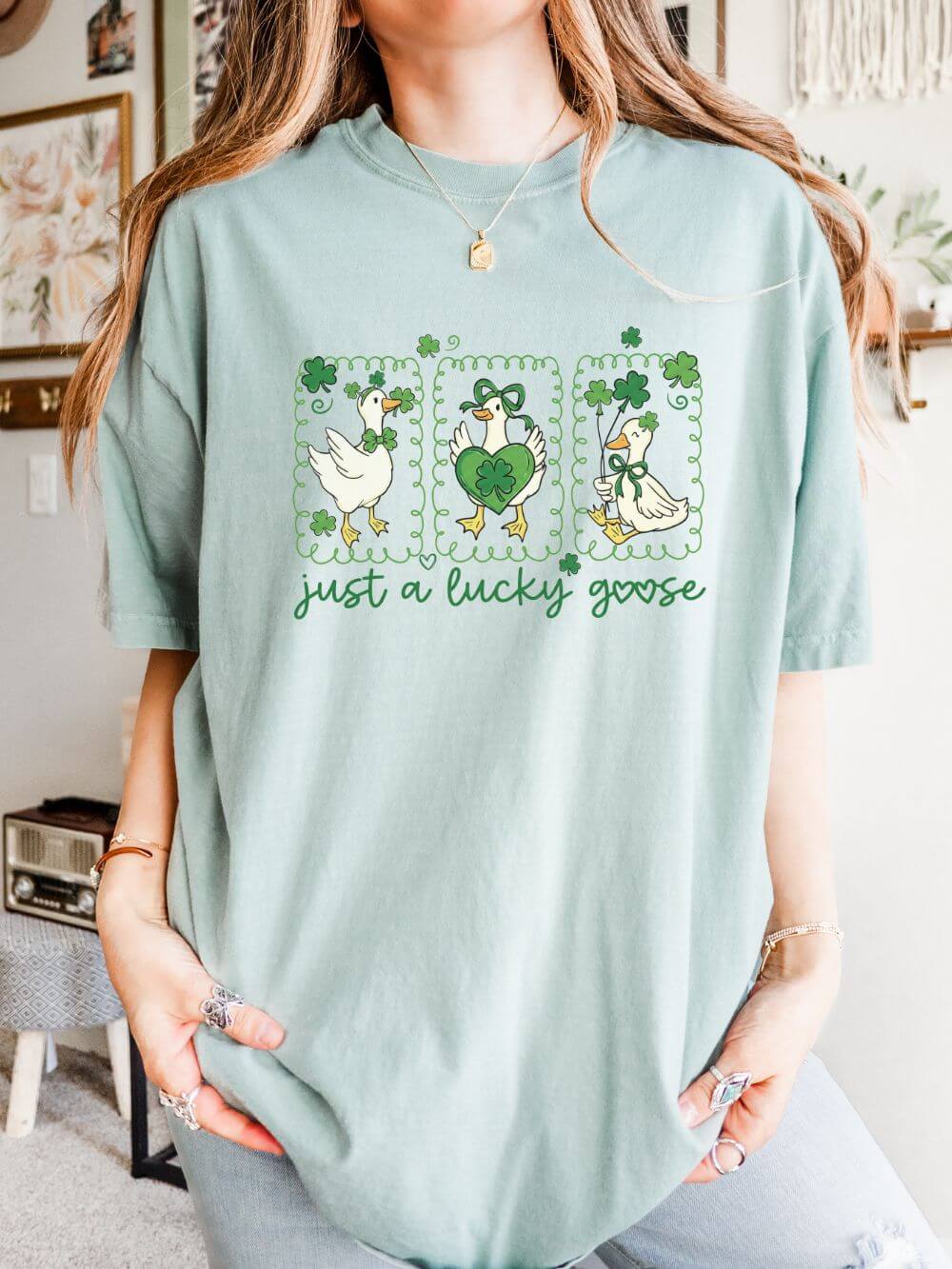 Lucky_Goose_Stamp_Bay Just a Lucky Goose Stamp St. Patrick's Day Graphic T-Shirt Unisex Short Sleeve Tee - Image 1