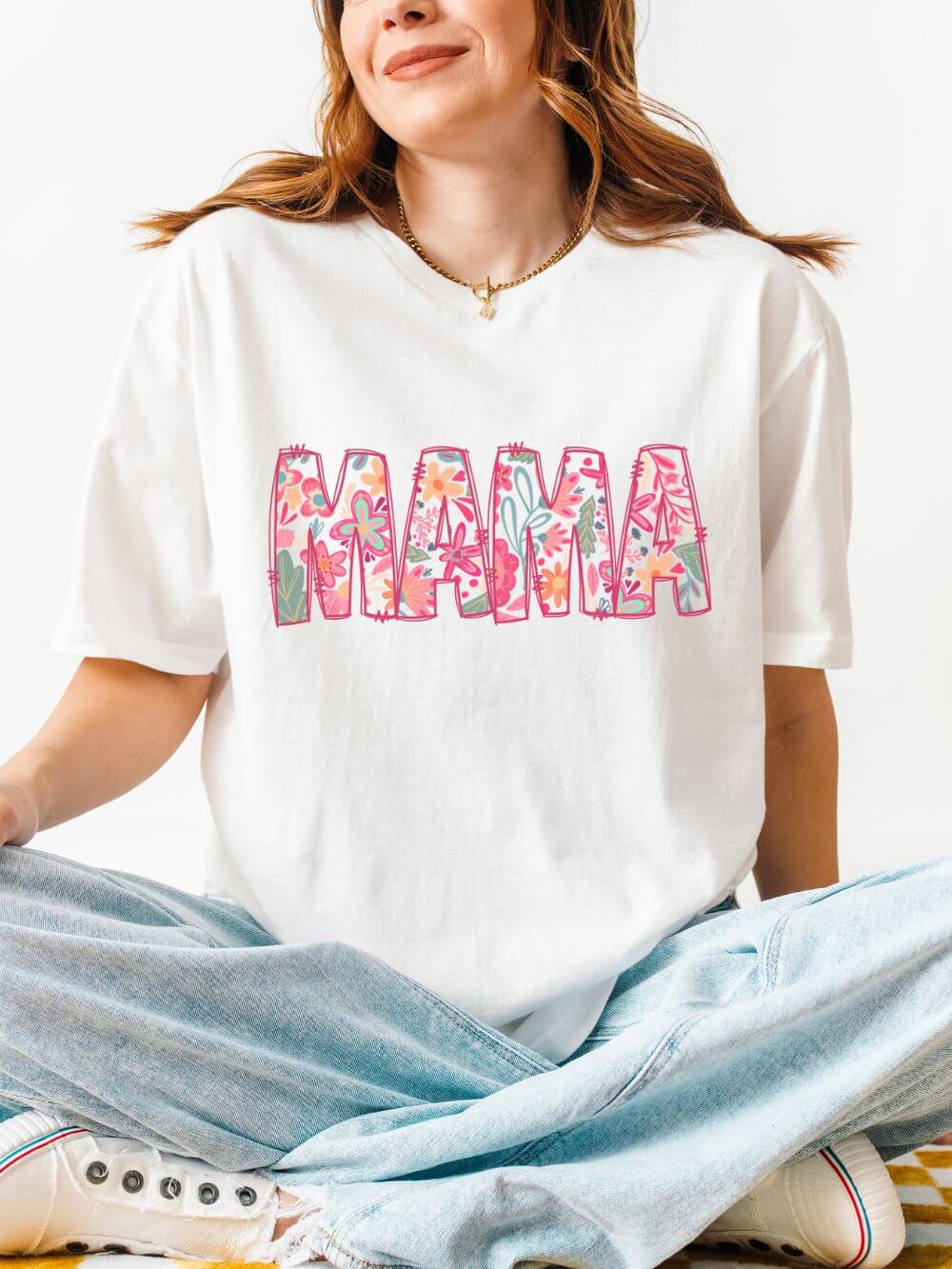 Mama_Abstract_Floral_White_6e69873f-ce0c-4fb6-a935-415e82b9248a Mama Abstract Floral Graphic Women's Matching Mom & Me T-Shirt - Image 1