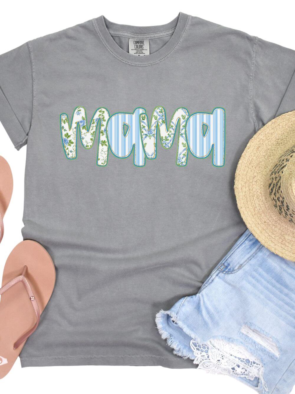 Mama_Blue_Gray Preppy Blue Floral Mama Comfort Colors Mom Graphic T-Shirt - Image 1