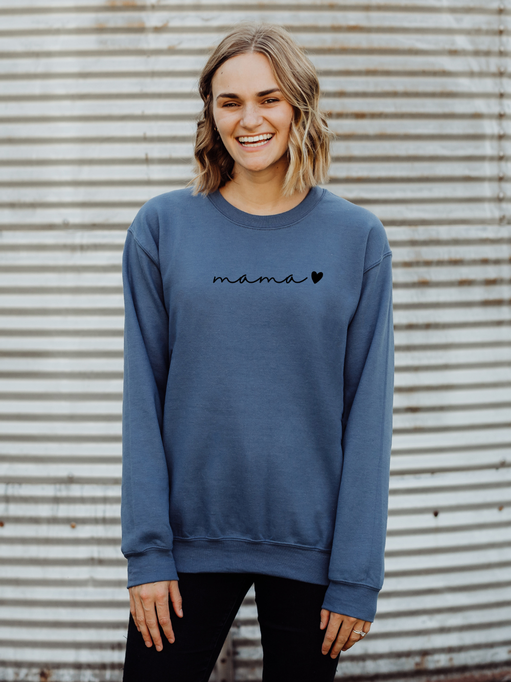 Mama_Heart_Indigo2 Mama Heart Embroidered Women's Crewneck Embroidered Sweatshirt - Image 1