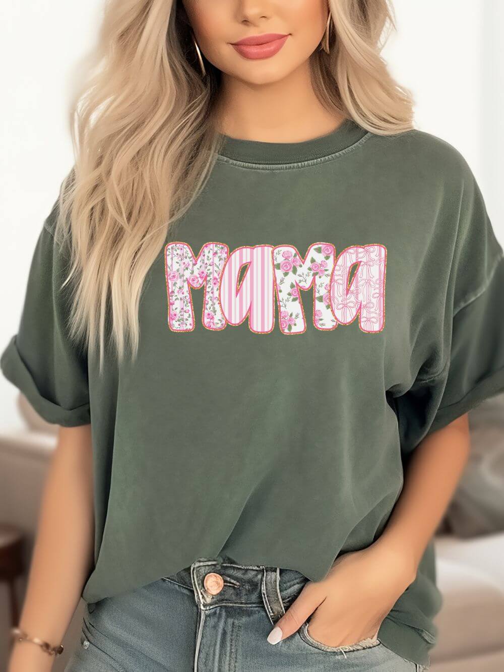 Mama_Pink_Moss2 Preppy Pink Floral Mama Comfort Colors Mom Graphic T-Shirt - Image 1