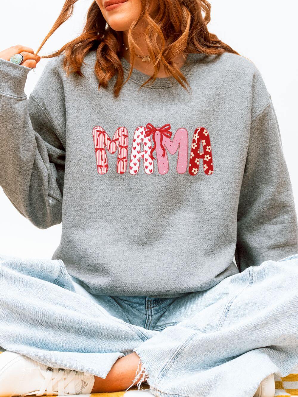 Mama_Valentine_Sport_Gray Mama Coquette Bow & Heart Valentine's Day Women's Crewneck Sweatshirt - Image 1