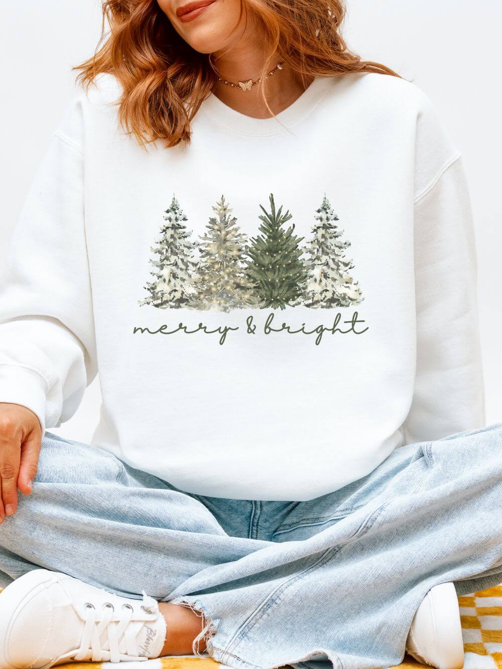 Merry_Bright_Trees_White Merry & Bright Winter Trees Heavy Blend Unisex Crewneck Cozy Christmas Sweatshirt - Image 1