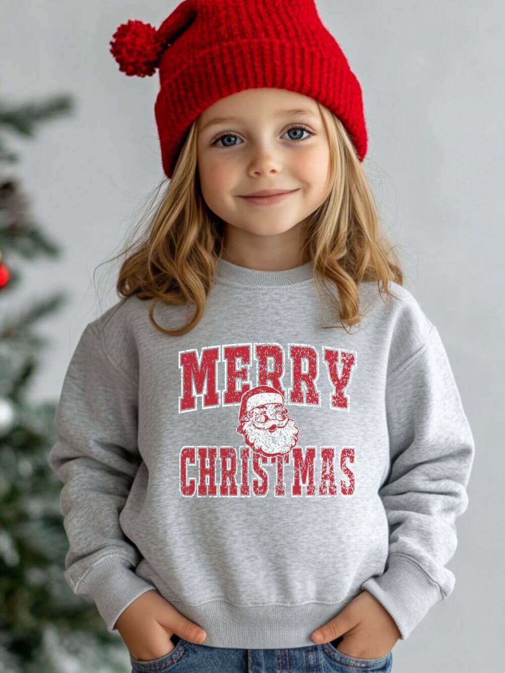 Merry_Christmas_Santa_Kids_Sport_Gray Merry Christmas Santa Claus Distressed Heavy Blend Kids' Crewneck Graphic Sweatshirt - Image 1