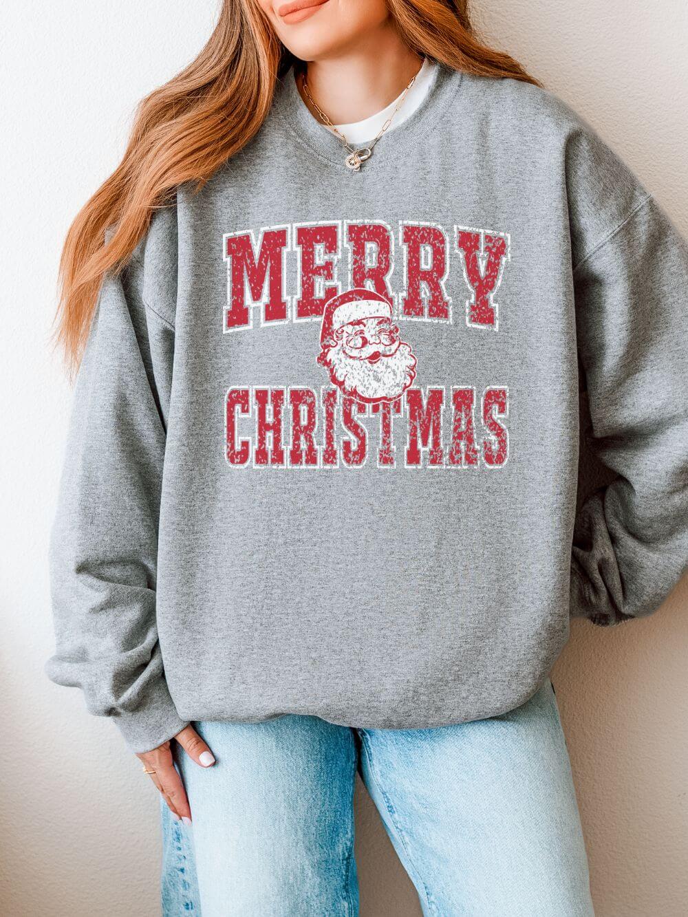Merry_Christmas_Santa_Sport_Gray Merry Christmas Santa Claus Distressed Heavy Blend Unisex Crewneck Graphic Sweatshirt - Image 1