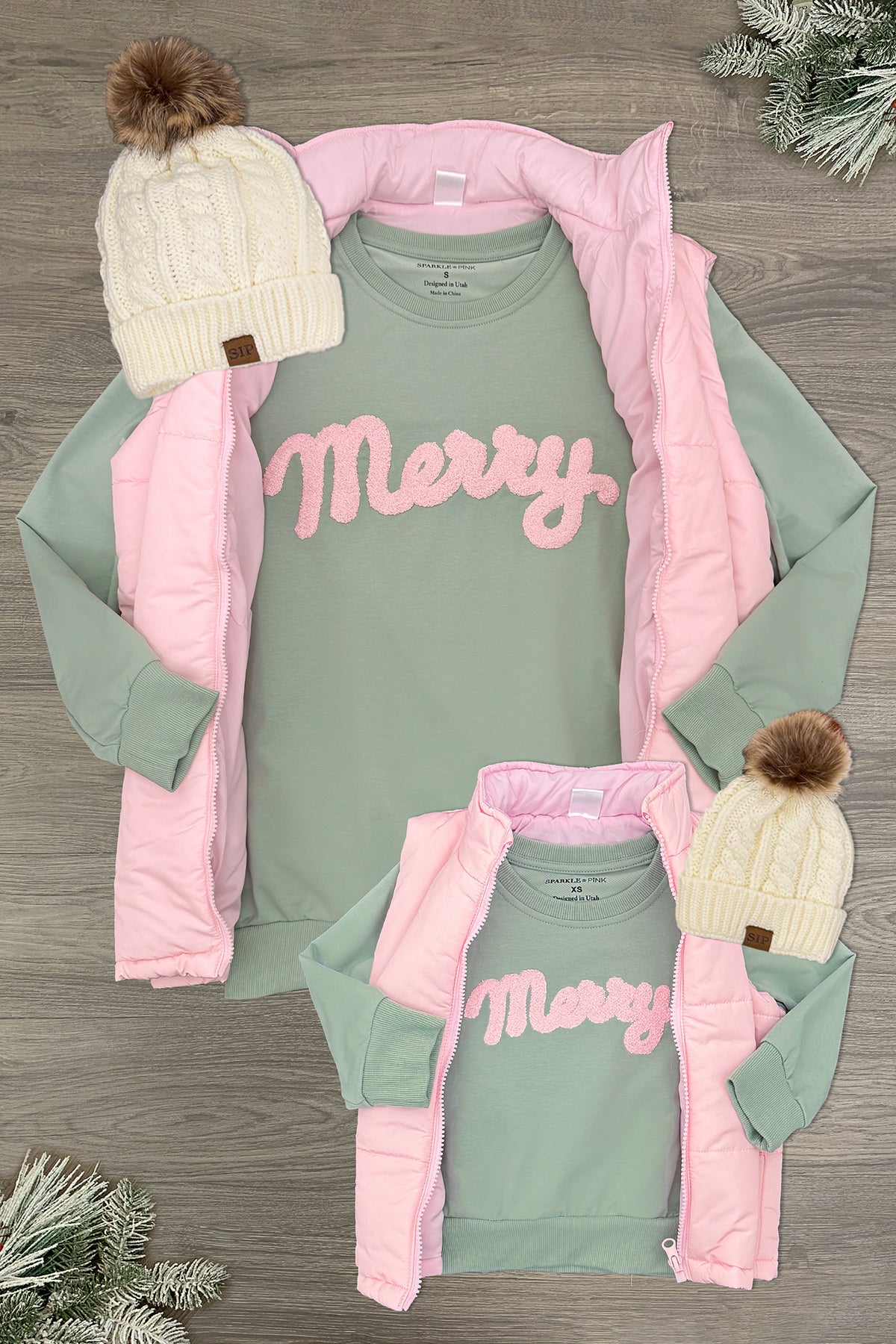 Merrylongsleeveandvestmomandme Mom & Me - "Merry" Pastel Puffer Vest Set - Image 1