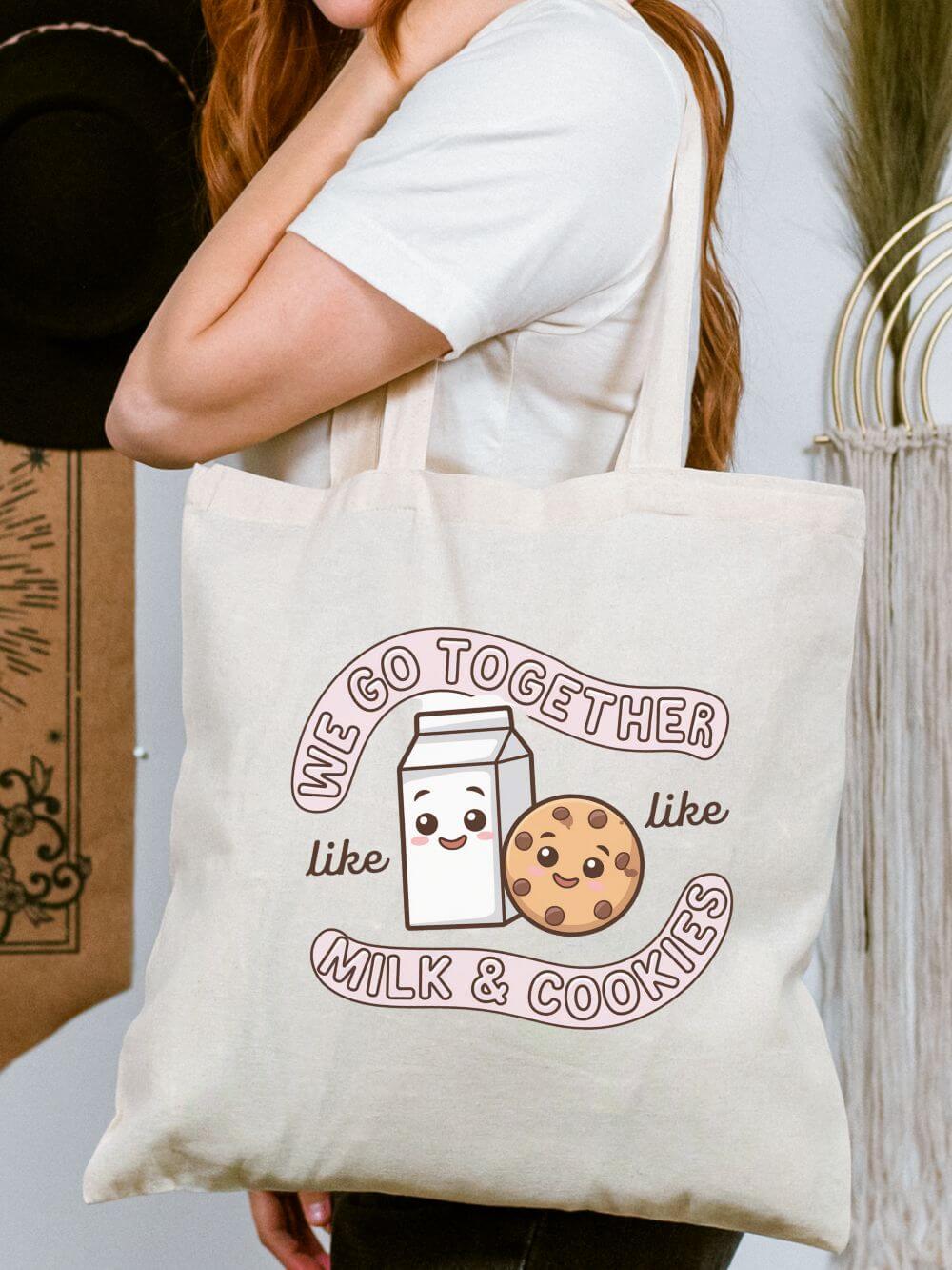 Milk_Cookies_Tote We Go Together Like Milk & Cookies Cute Kawaii Cotton Canvas Tote Bag - Image 1