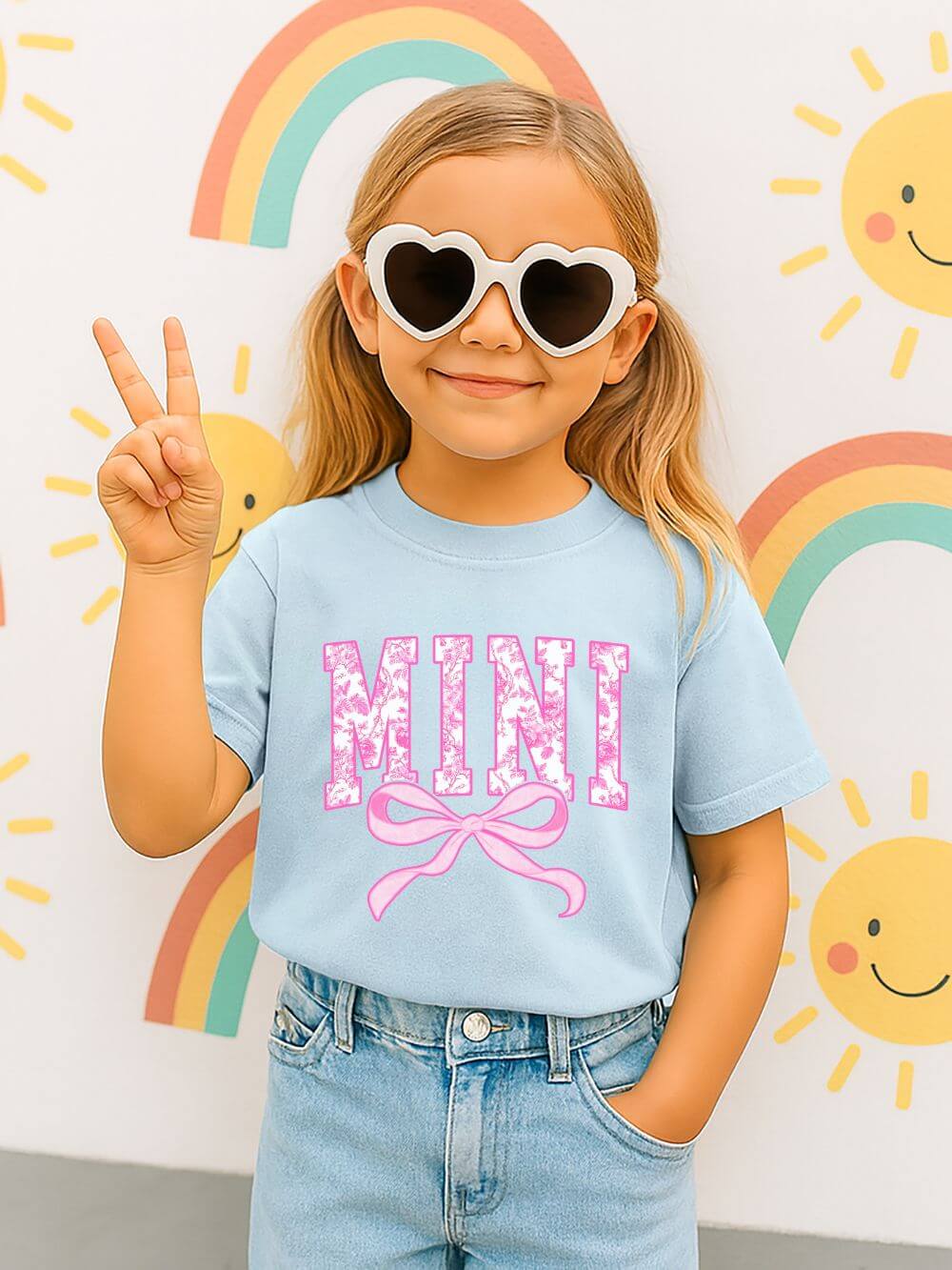 Mini_Coquette_Bow_Chambray Mini Coquette Pink Toile Bow T-Shirt Cute Girl's Graphic Tee - Image 1