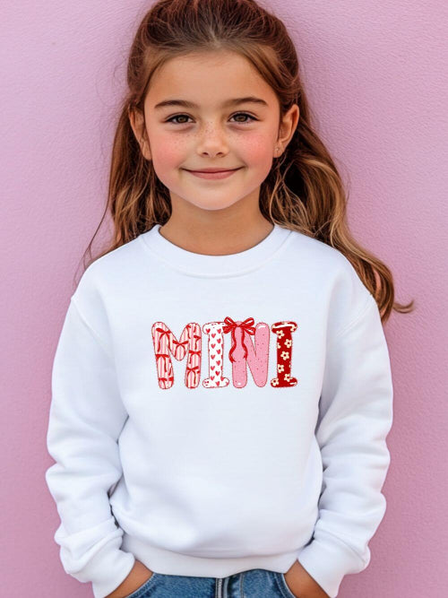 Mini_Valentine_Kids_White Mini Coquette Bow & Heart Valentine's Day Kids' Crewneck Graphic Sweatshirt - Image 1