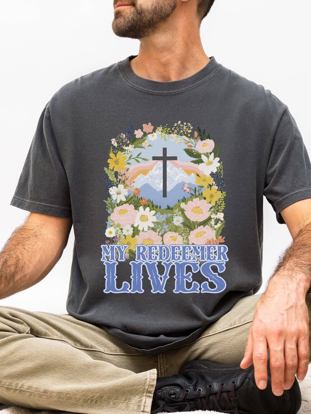 My_Redeemer_Lives_Pepper My Redeemer Lives Unisex Easter T-Shirt Floral Cross Distressed Christian Tee - Image 1