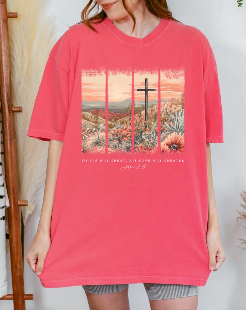 My_Sin_Was_Great_Watermelon My Sin Was Great His Love Was Greater Christian John 3:16 Desert Cross T-Shirt Unisex Tee - Image 1