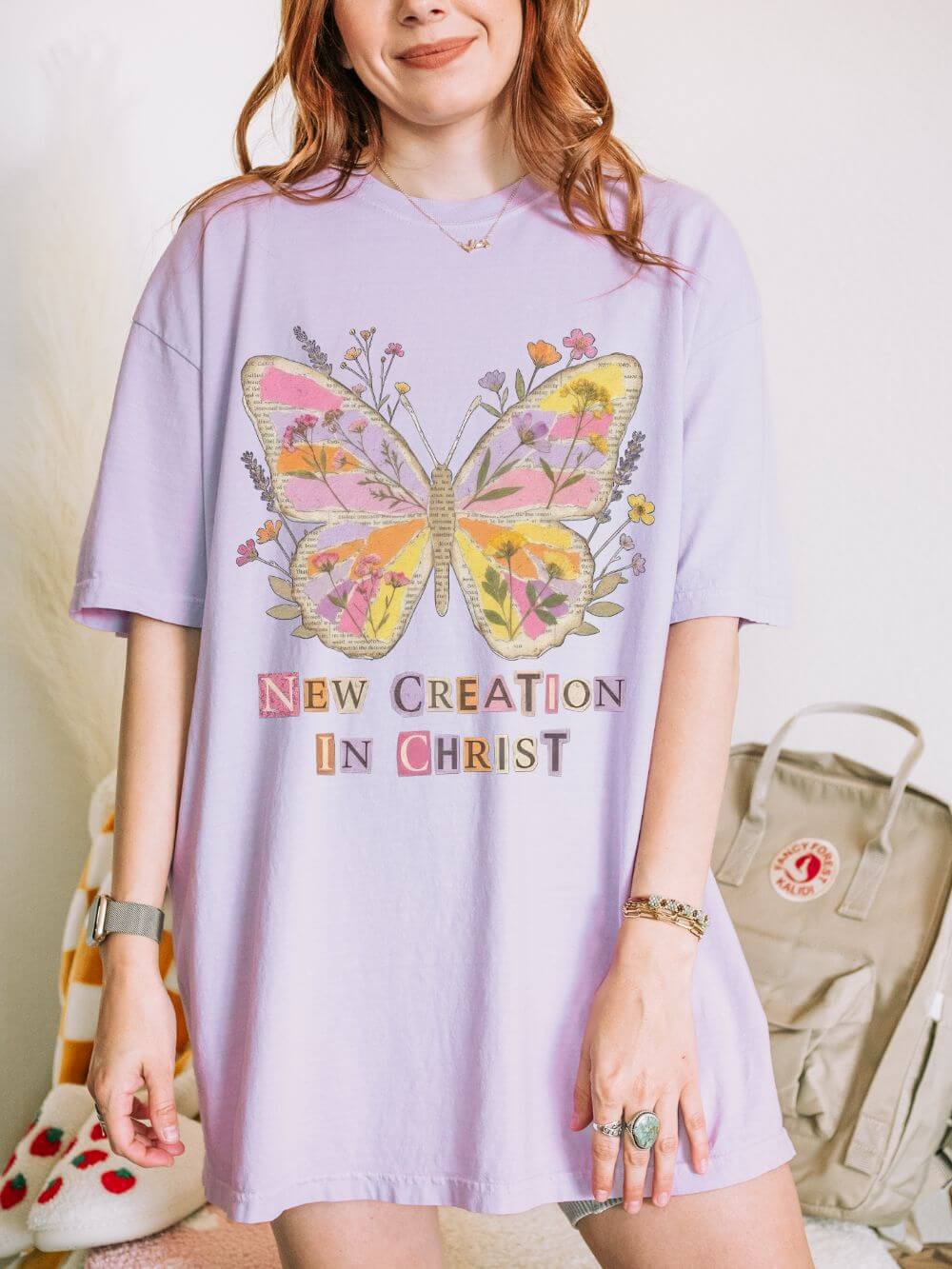 New_Creation_Lilac New Creation in Christ Butterfly Graphic T-Shirt Christian Inspirational Tee - Image 1