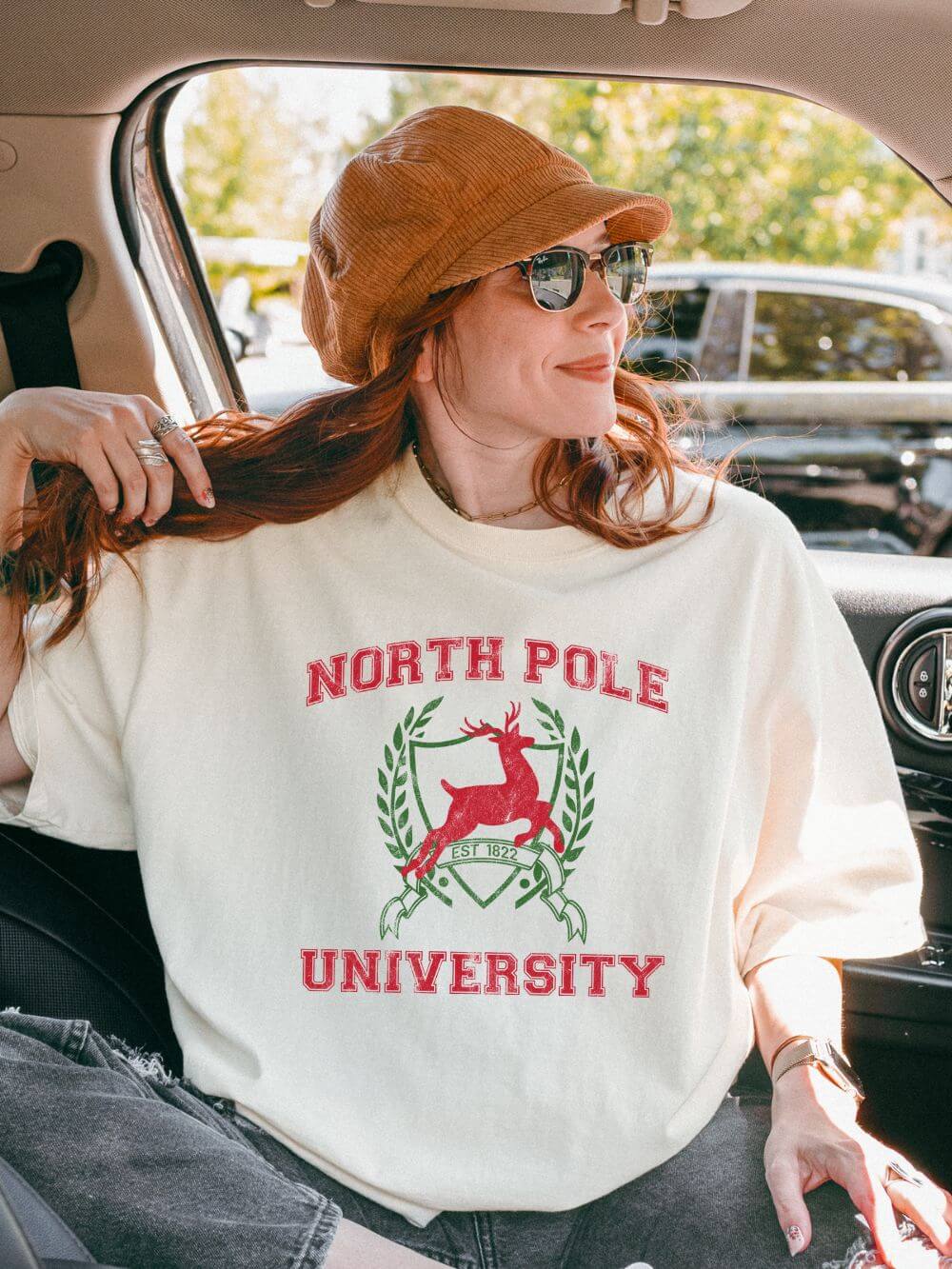 North_Pole_University_Ivory1 North Pole University Reindeer Holiday Tee Vintage Distressed Christmas T-Shirt - Image 1