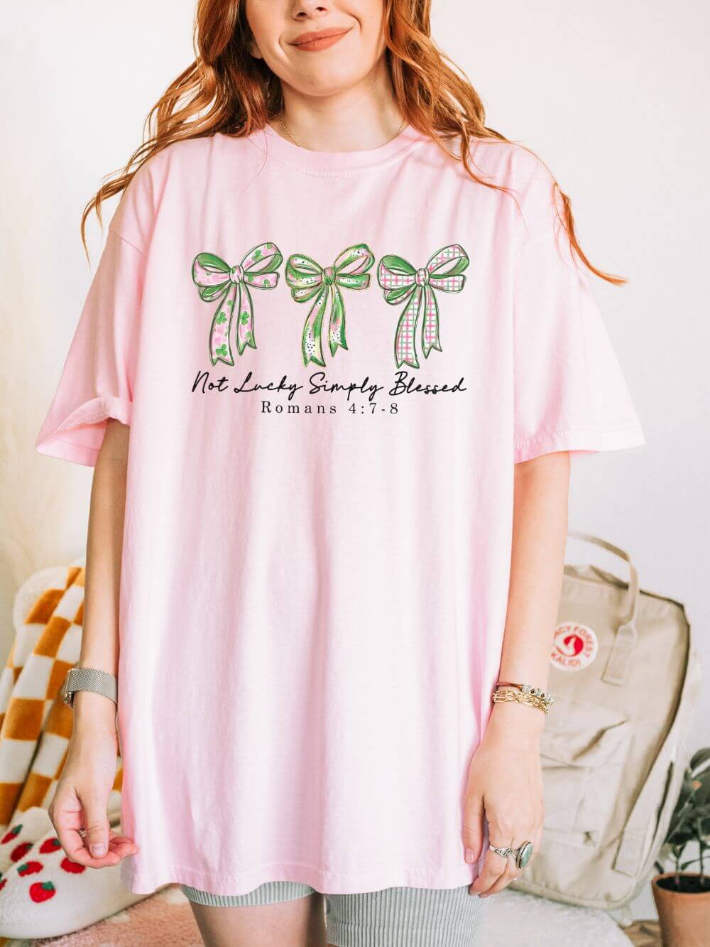 Not_Lucky_Simply_Blessed_Blossom Not Lucky, Simply Blessed Romans 4: 7-8 Christian St. Patrick's Day Graphic T-Shirt Unisex Short Sleeve Tee - Image 1