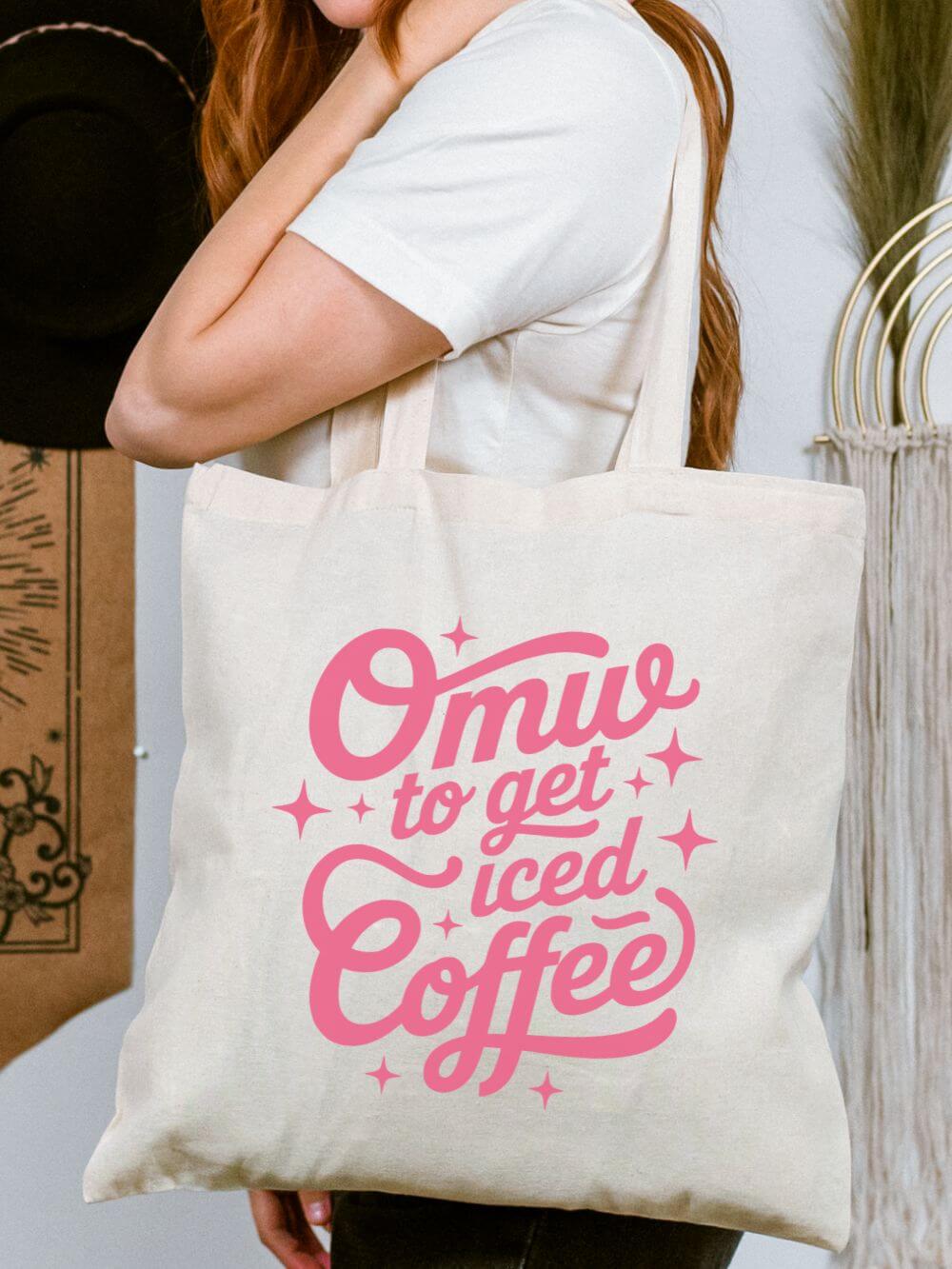 OMW_to_get_Iced_Coffee_Tote On My Way To Get Iced Coffee Retro Script Cotton Canvas Tote Bag - Image 1