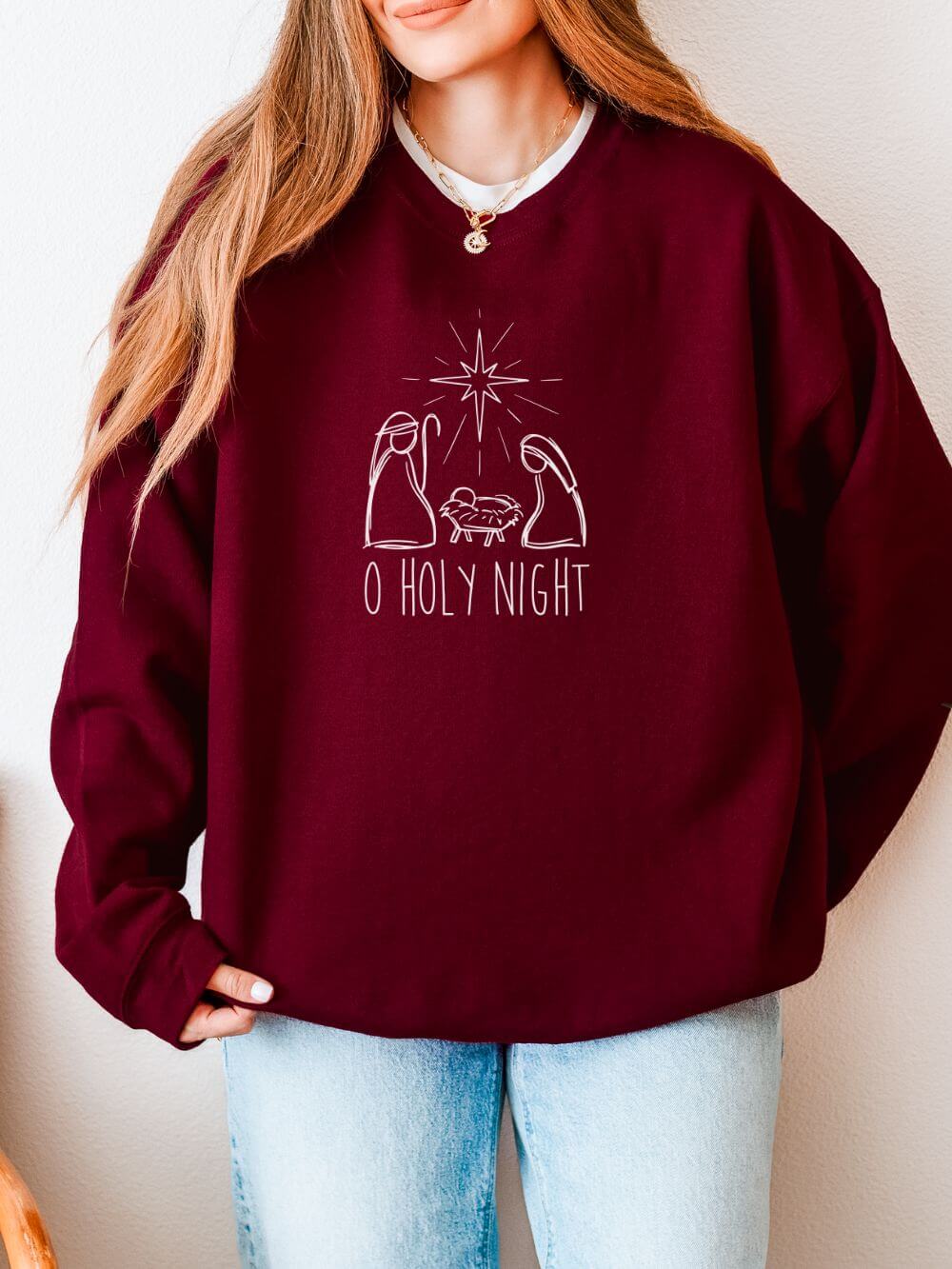 O_Holy_Night_Maroon O Holy Night Nativity Heavy Blend Women's Crewneck Embroidered Christmas Sweatshirt - Image 1