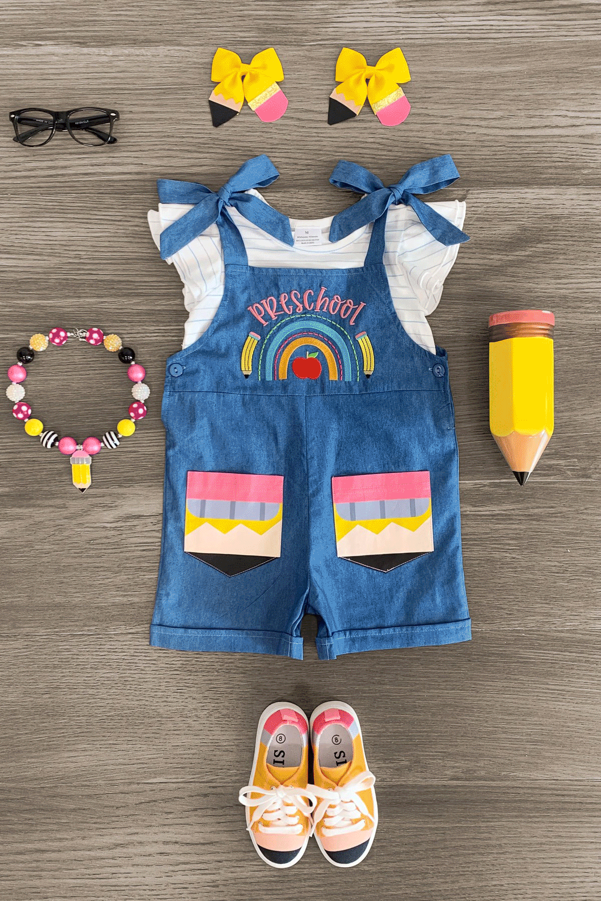 Overall-Set "Preschool - 6th Grade" Embroidered Romper Set - Image 1