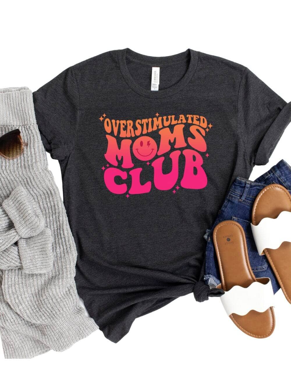 OverstimulatedMomsDarkGrayHeather Overstimulated Moms Club Retro Orange & Pink Graphic T-Shirt - Image 1