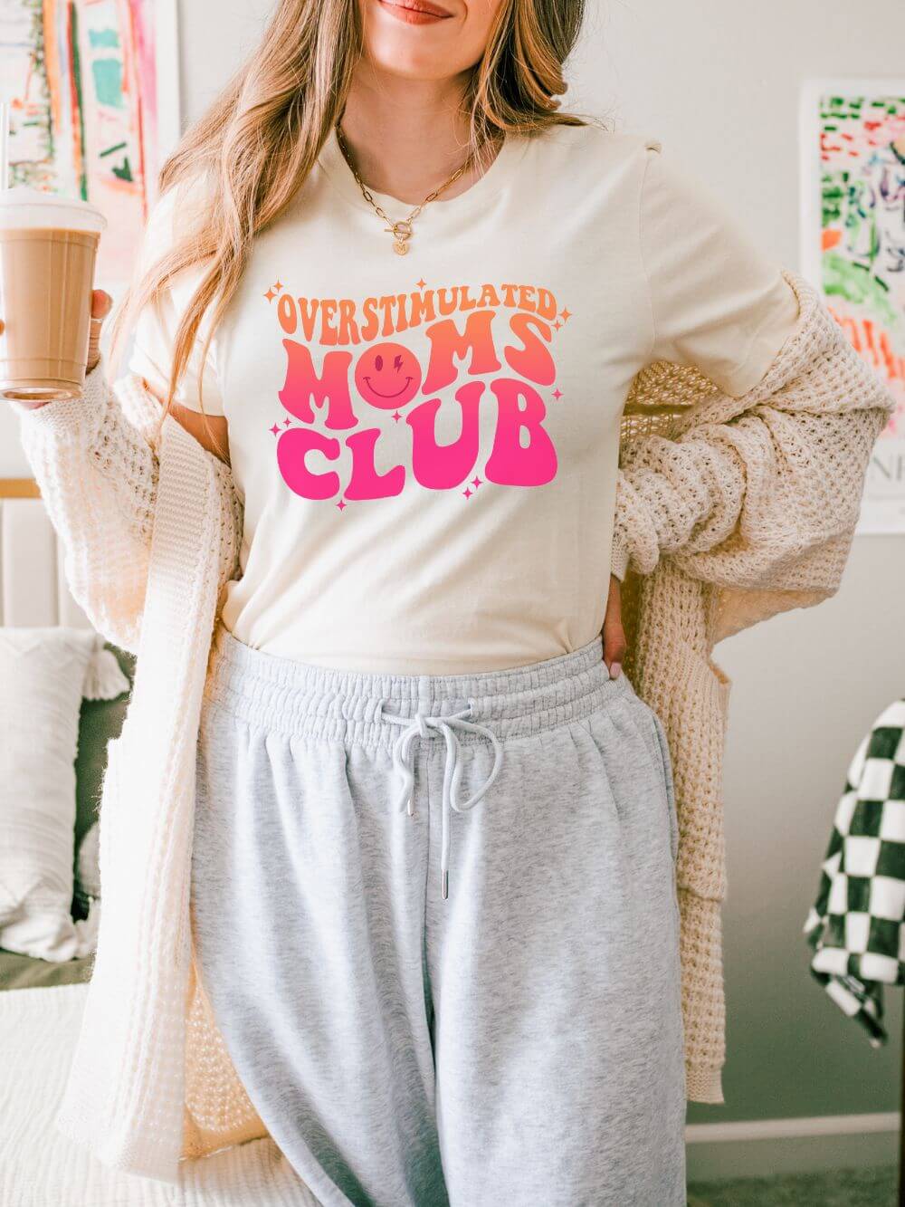 Overstimulated_Moms_Natural Overstimulated Moms Club Retro Orange & Pink Graphic T-Shirt - Image 1