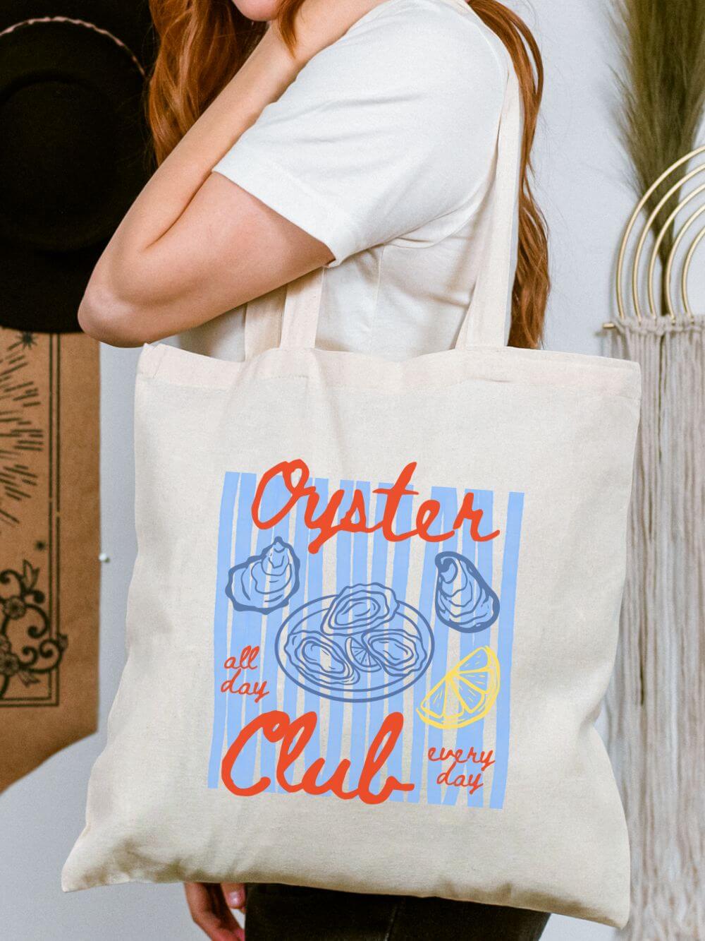 Oyster_Club_Tote Oyster Club Cotton Canvas Tote Bag Nautical Seafood Market Shopper - Image 1