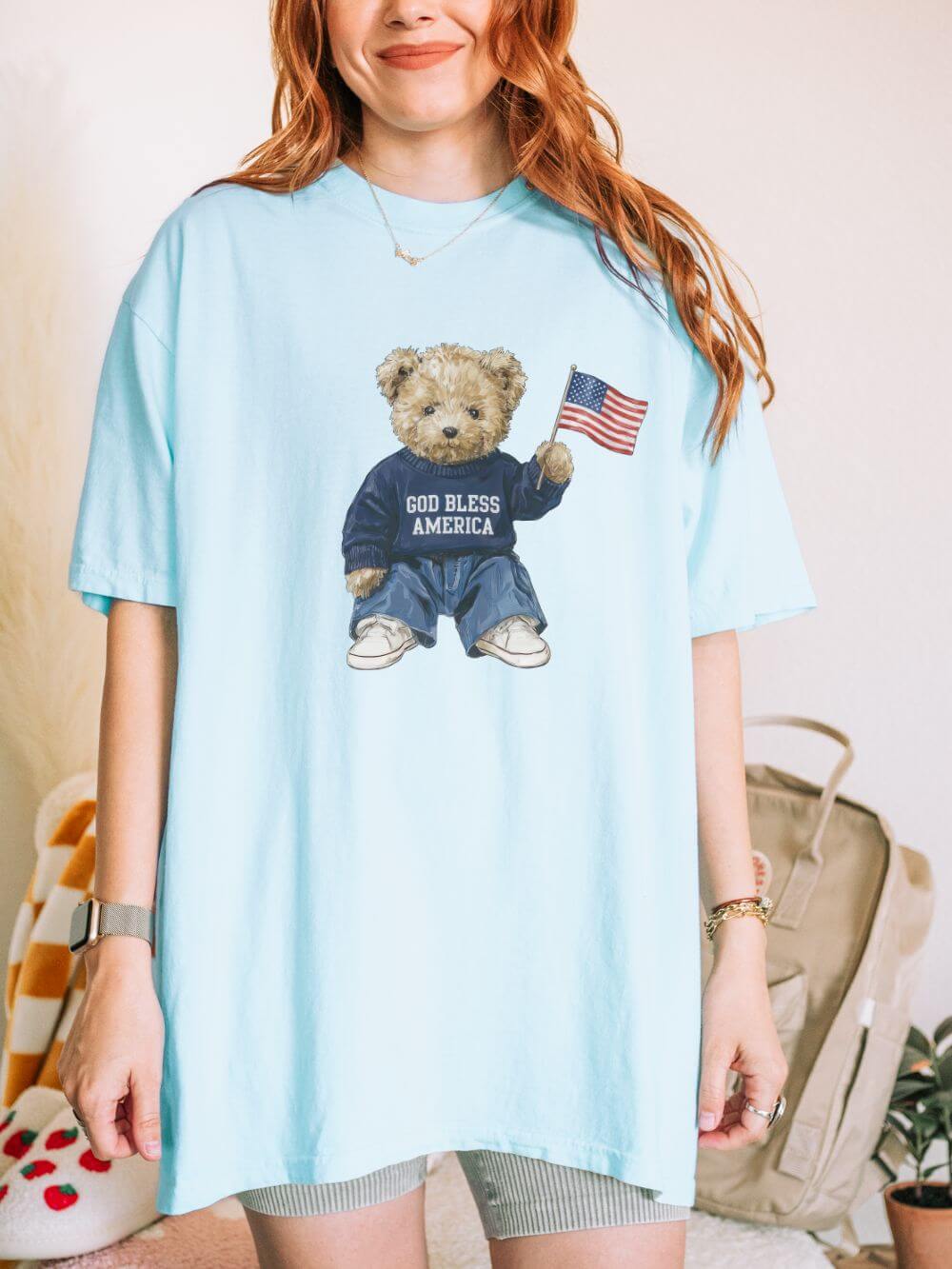 Patriotic_Bear_Chambray God Bless America Patriotic Teddy Bear with Flag Graphic T-Shirt - Image 1