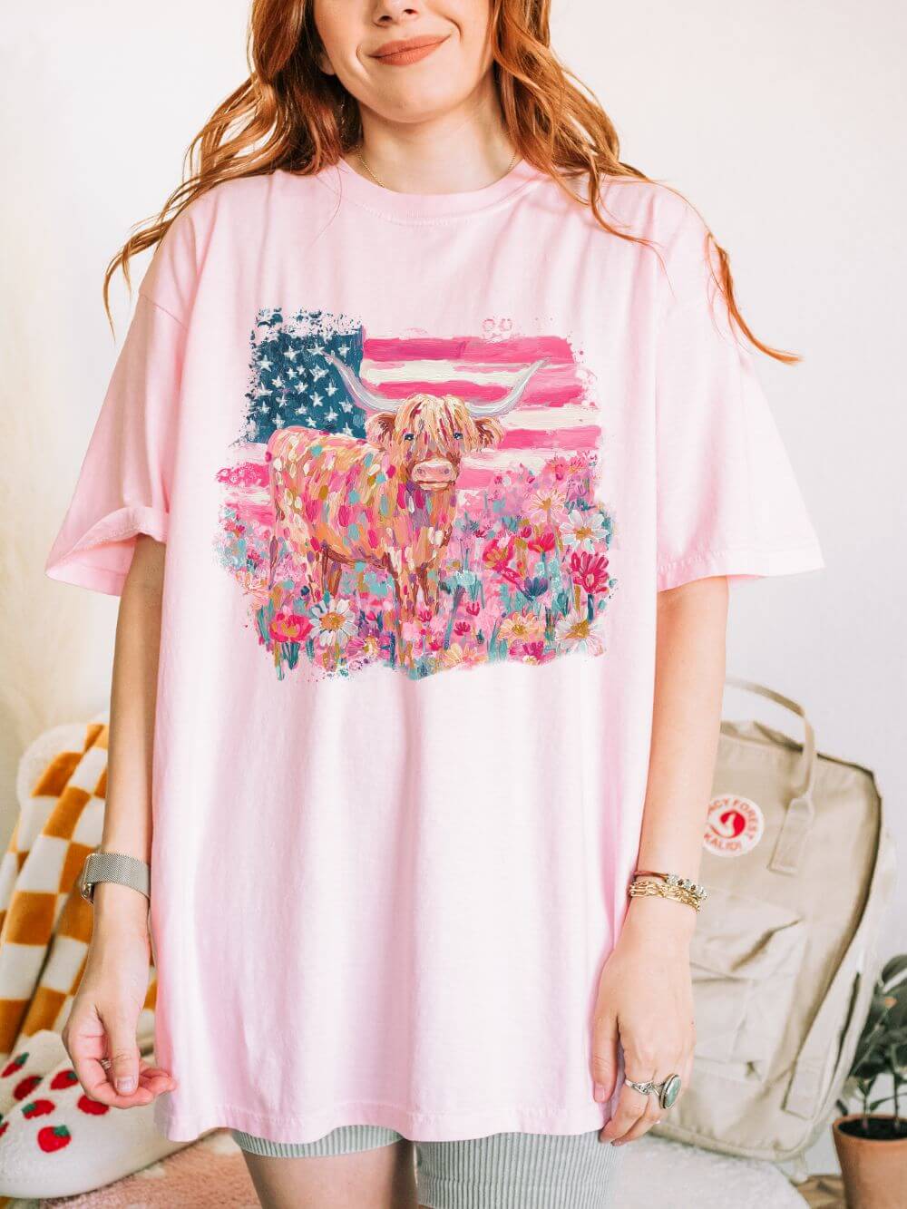 Patriotic_Cow_Blossom Patriotic Floral Highland Cow T-Shirt Watercolor Graphic Tee - Image 1