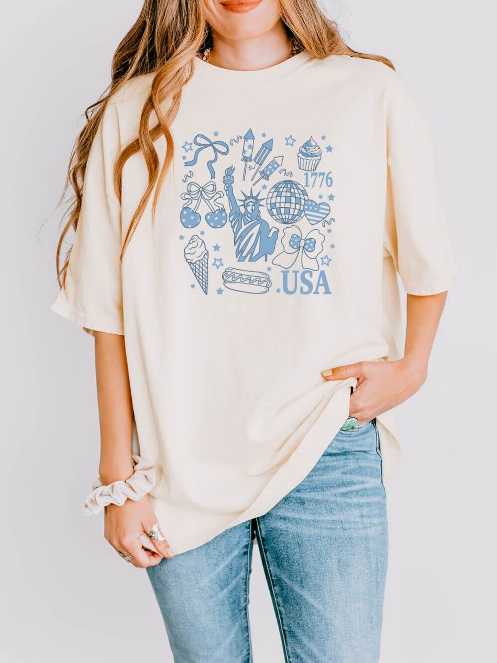 Patriotic_Doodles_-_Ivory Patriotic Retro Doodles 4th of July Summer Unisex Comfort Colors Graphic T-Shirt - Image 1