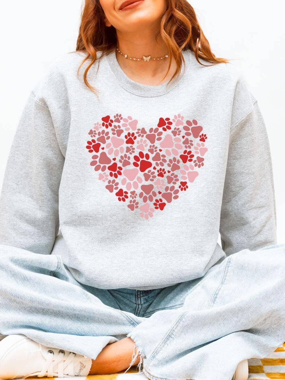 PawHeartSweatshirtAsh Dog Paw Heart Dog Mom Valentine's Day Long Sleeve Graphic Sweatshirt - Image 1