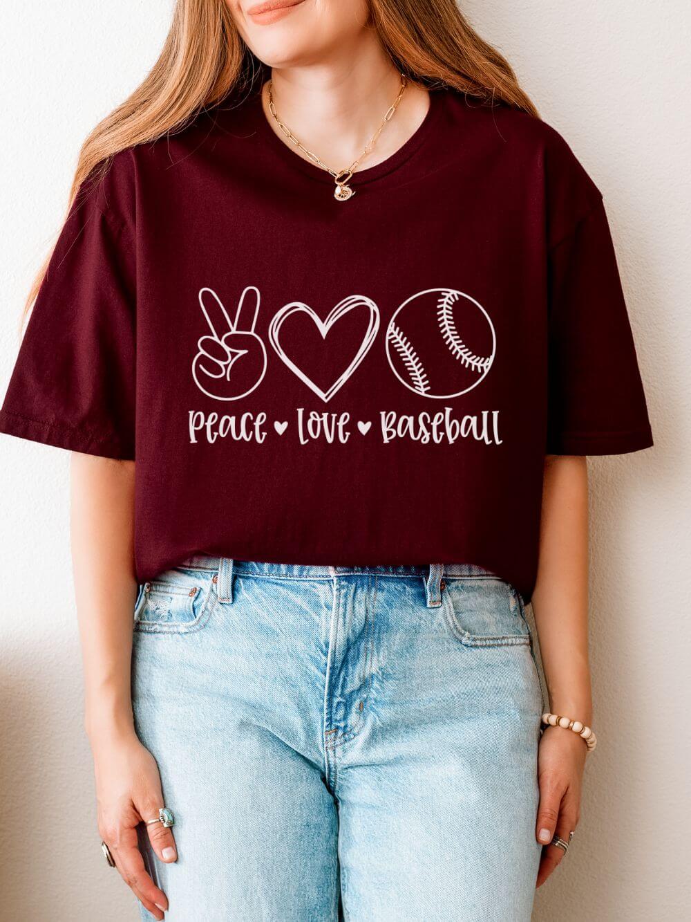 Peace_Love_Baseball_Maroon Peace Love Baseball Graphic T-Shirt Cute Sports Mom Tee (12 Team Colors) - Image 1