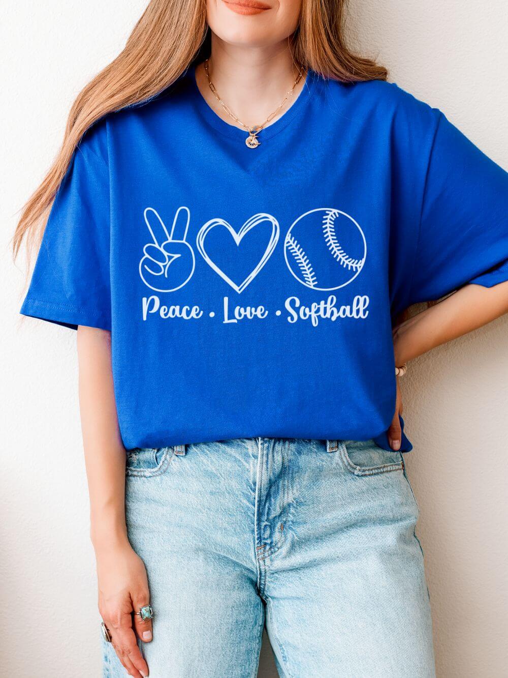 Peace_Love_Softball_Royal Peace Love Softball Repeat Graphic T-Shirt Cute Sports Mom Tee (12 Team Colors) - Image 1