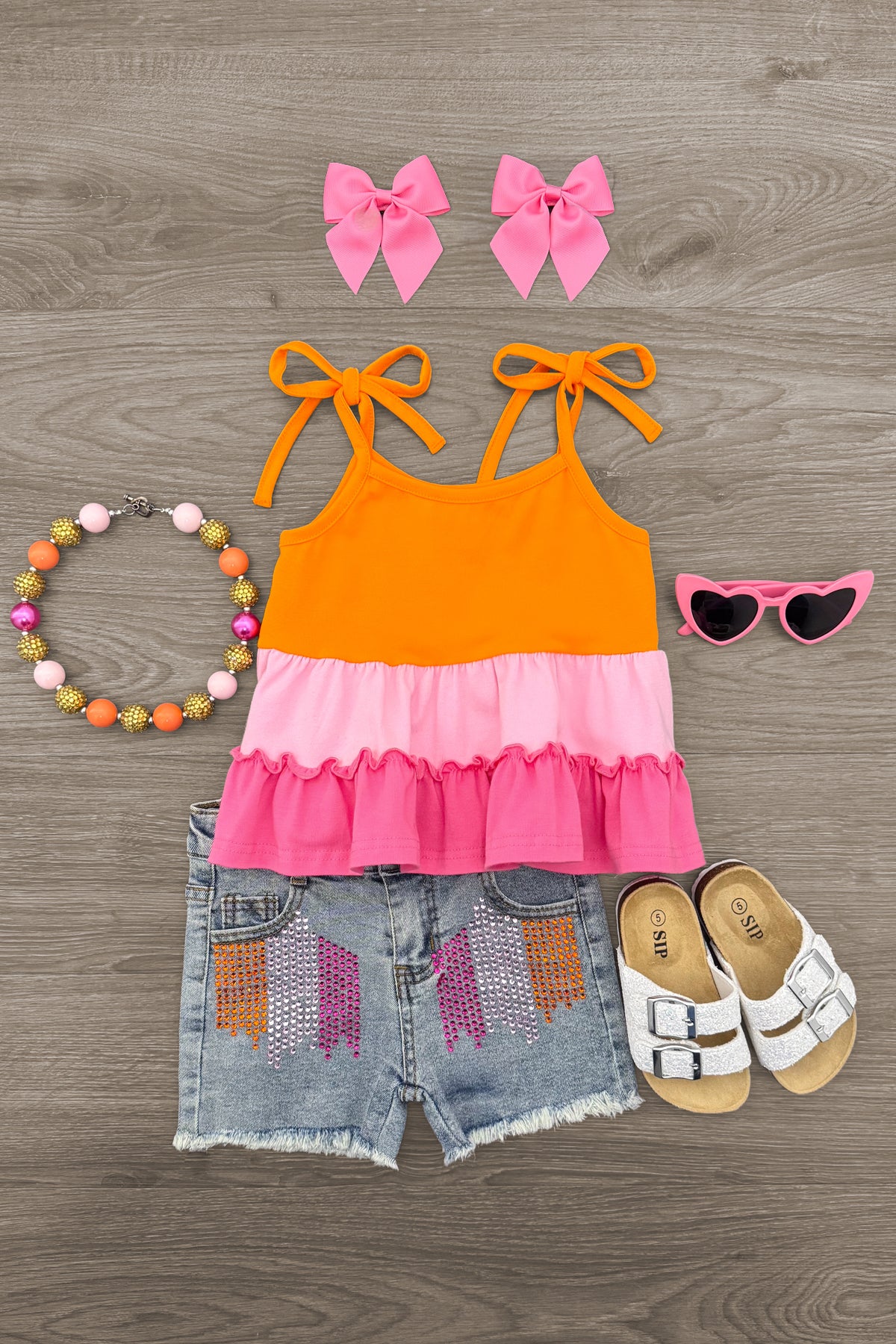 Pink_OrangeSet Pink & Orange Denim Short Set - Image 1