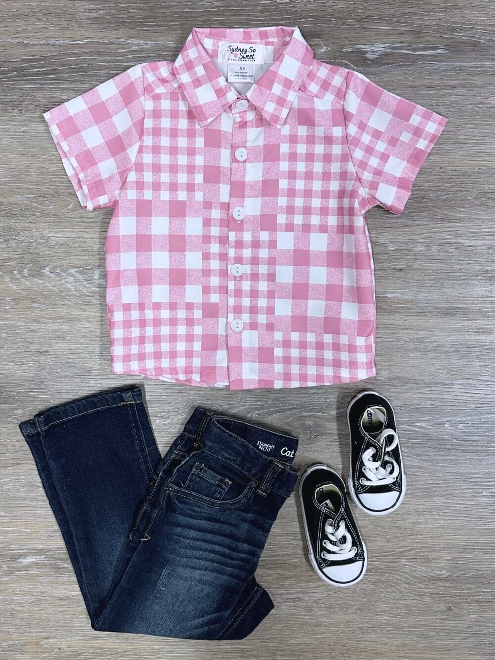 Pink_White_Patchwork_Plaid_Boys_Button_Up_Top Pink & White Patchwork Plaid Boys Button Up Top - Image 1