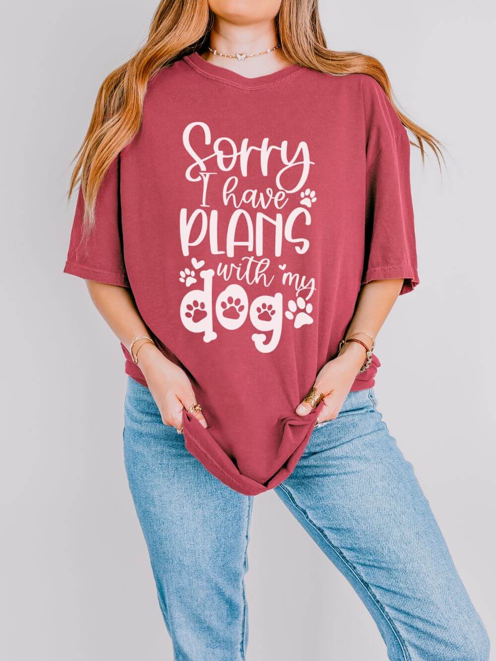Plans_with_my_Dog_Crimson Sorry I Have Plans with My Dog T-Shirt Dog Mom Graphic Tee - Image 1