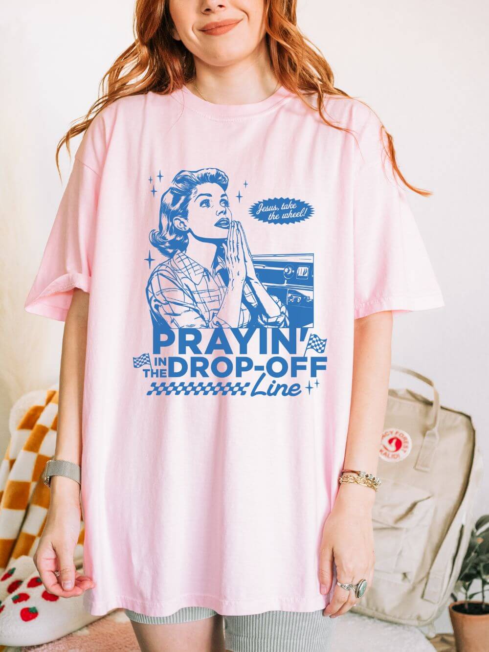 Prayin_in_the_Drop_Blossom Prayin' in the Drop-Off Line Retro T-Shirt Christian Women's Graphic Tee - Image 1