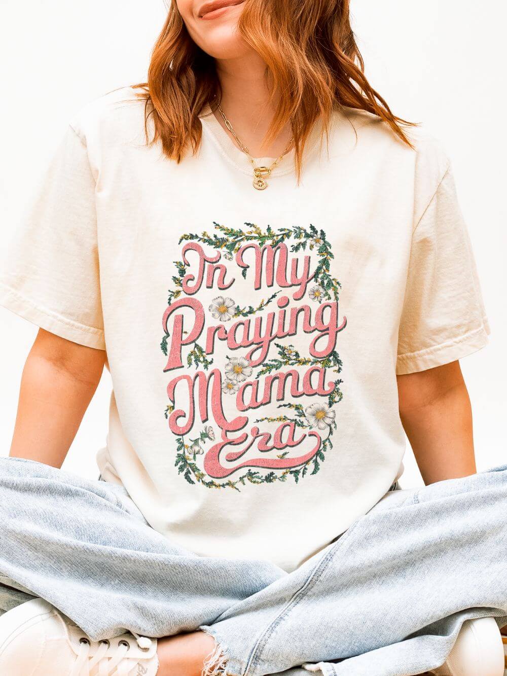 Praying_Mama_Era_Ivory In My Praying Mama Era Praying Mom T-Shirt Floral Graphic Tee - Image 1