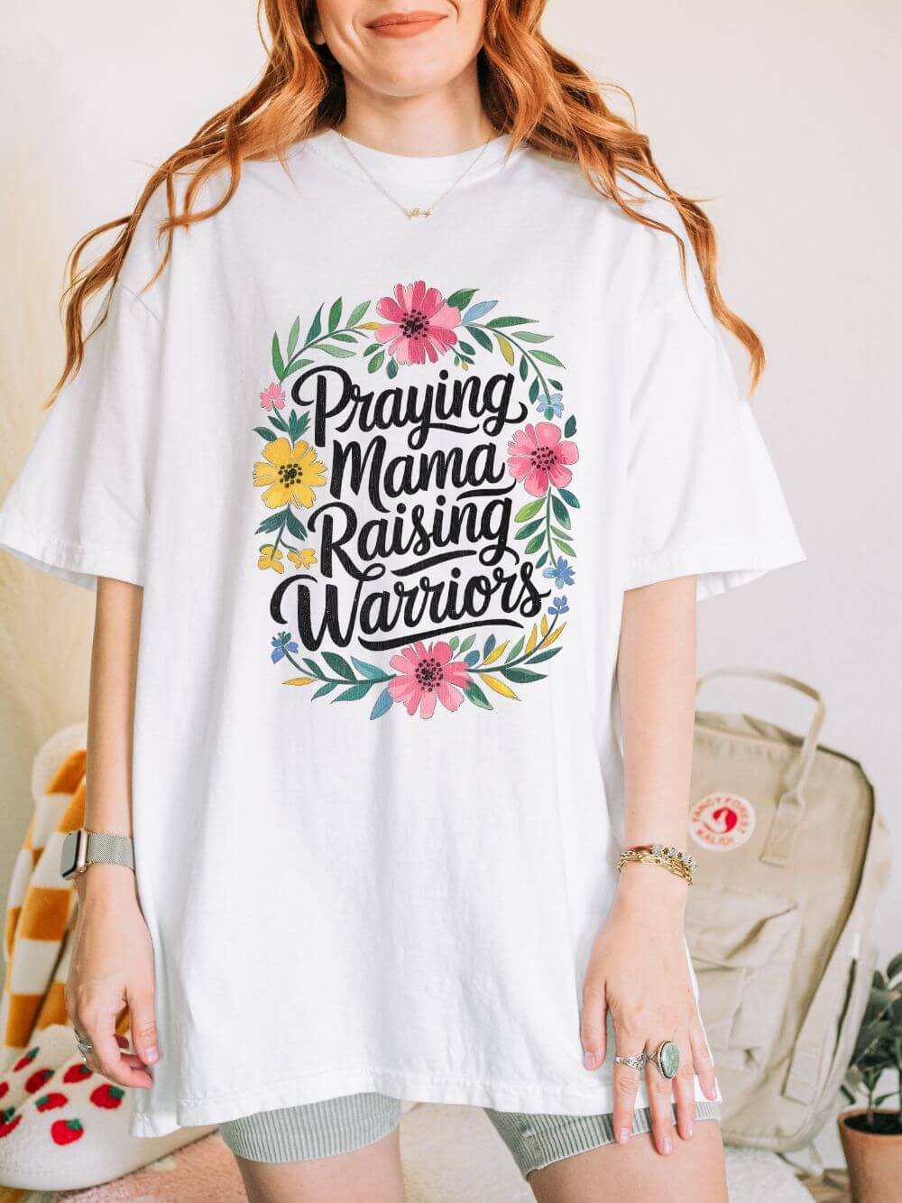 Praying_Mama_Warriors_White Praying Mama Raising Warriors T-Shirt Cute Floral Mom Graphic Tee - Image 1
